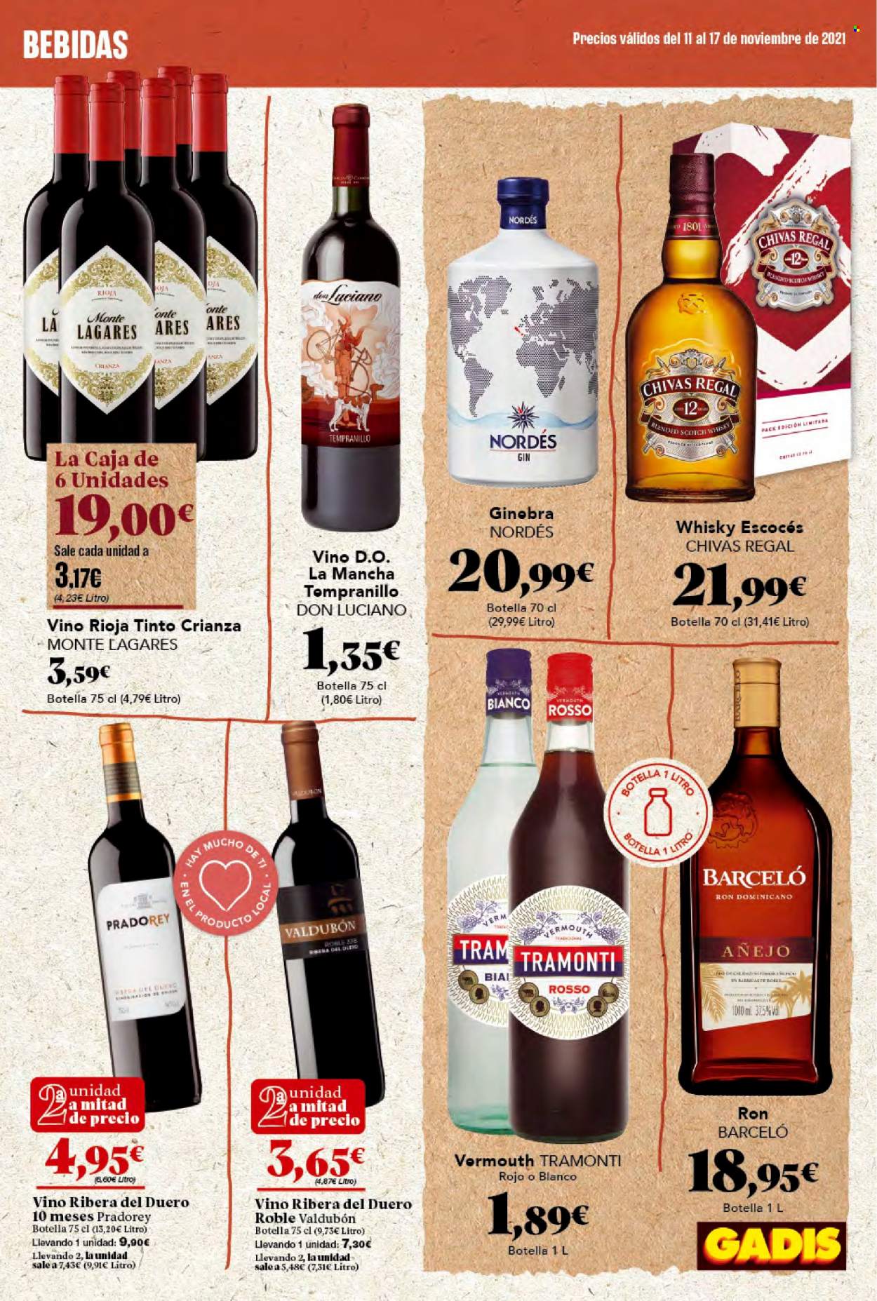thumbnail - Folleto actual Gadis - 11/11/21 - 17/11/21 - Ventas - bebida, vino, Ribera del Duero, Rioja, Crianza, ron, Barceló, gin, whisky. Página 29.