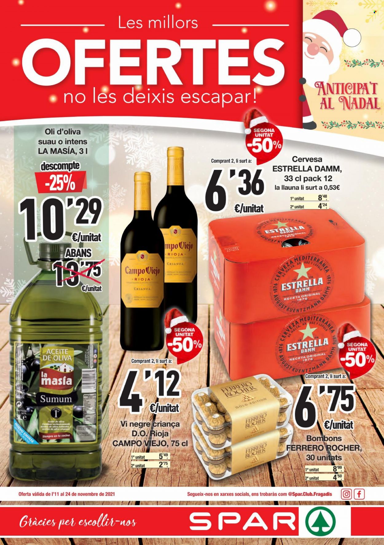 thumbnail - Folleto actual SPAR - 11/11/21 - 24/11/21 - Ventas - Estrella Damm, bombones, Ferrero Rocher, aceite de oliva, Rioja, Crianza. Página 1.