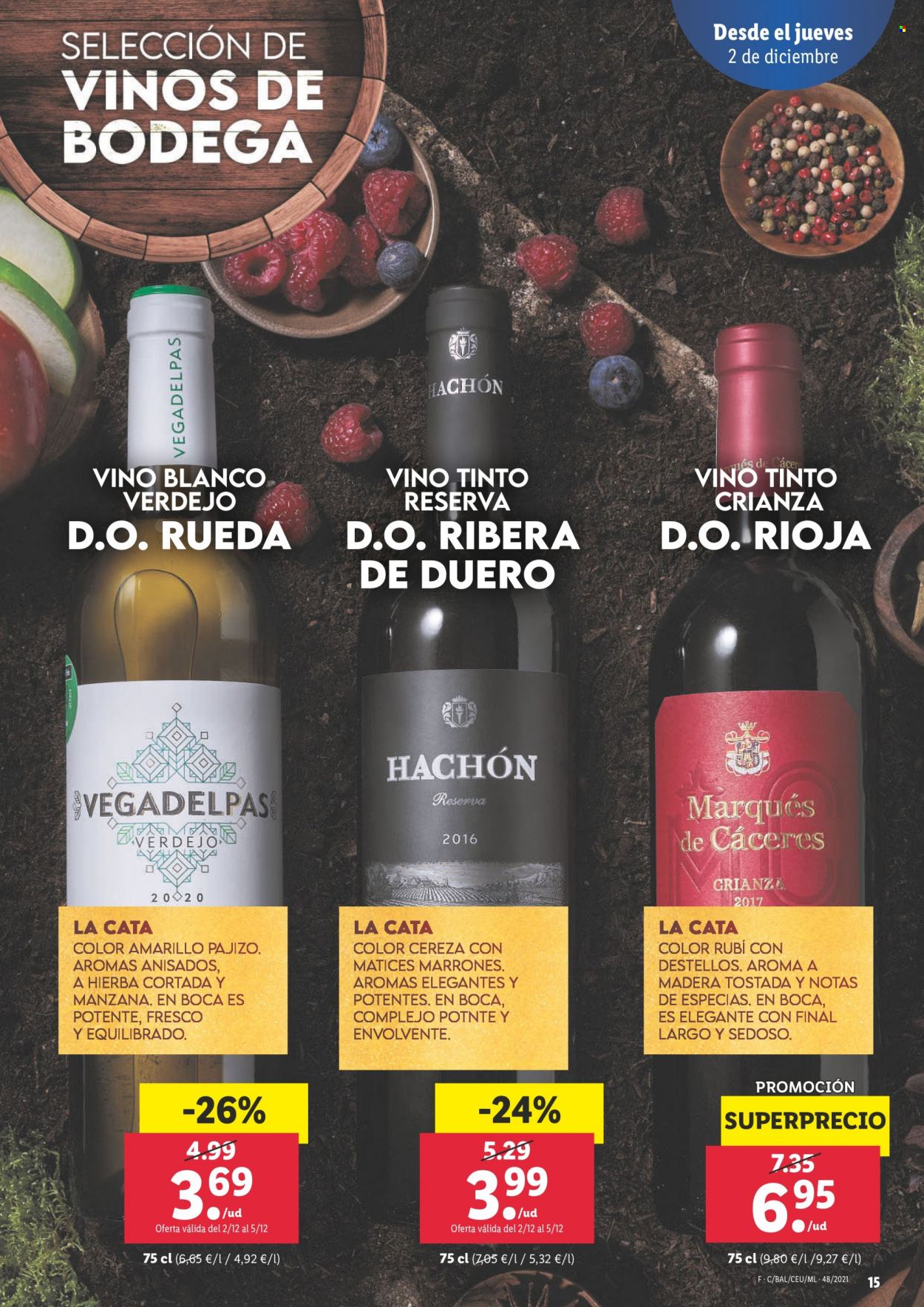 thumbnail - Folleto actual Lidl - 02/12/21 - 08/12/21 - Ventas - vino, Verdejo, vino blanco, vino tinto, Ribera del Duero, Rioja, Crianza. Página 15.
