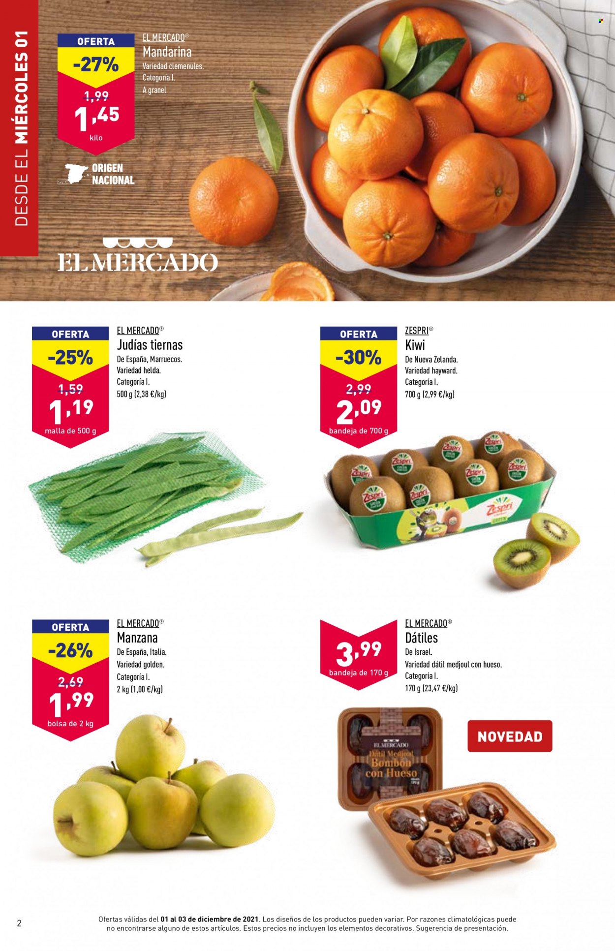 thumbnail - Folleto actual Aldi - 01/12/21 - 07/12/21 - Ventas - kiwi, mandarina, manzanas, dátiles, judías, bolso. Página 2.