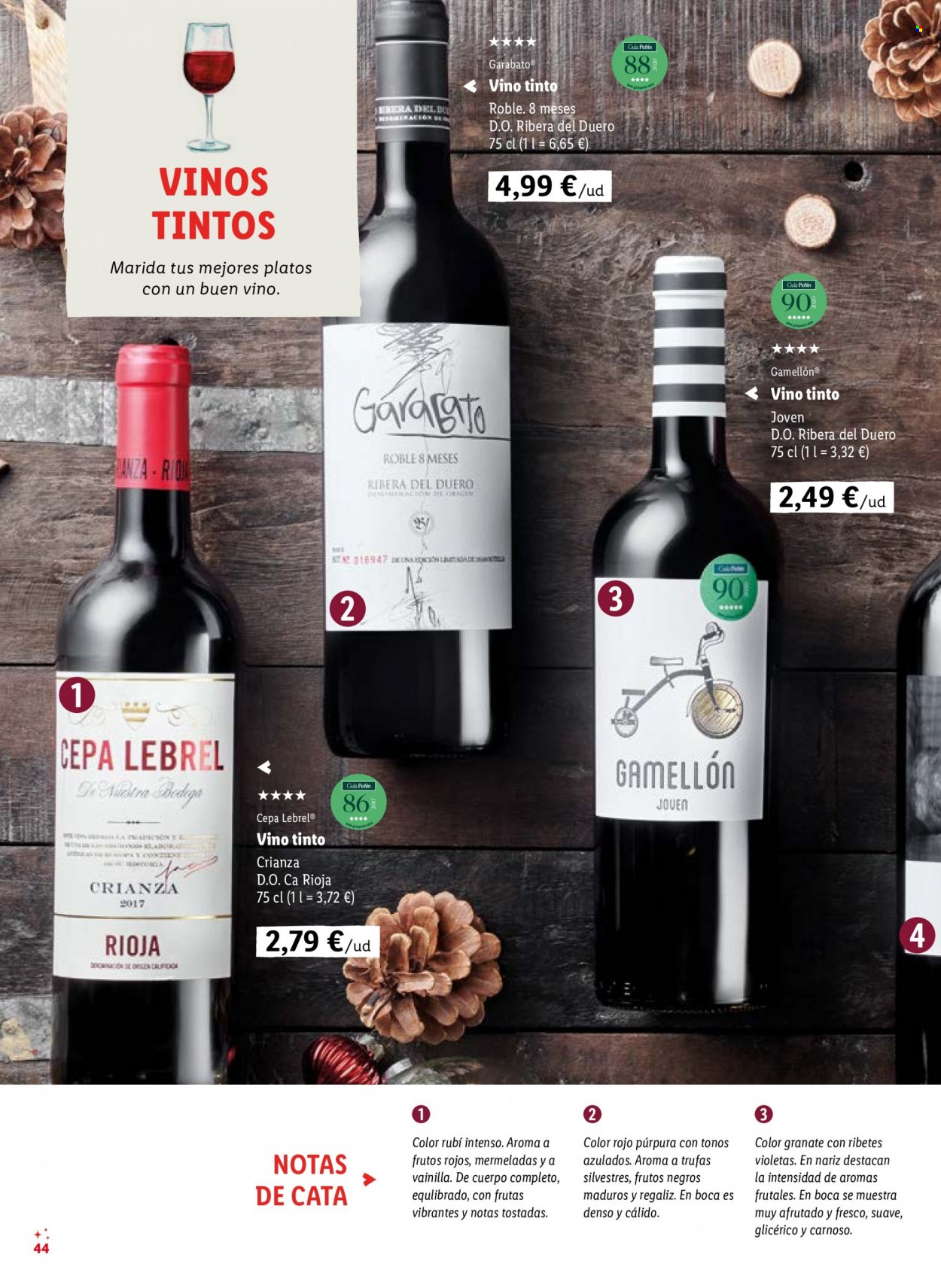 thumbnail - Folleto actual Lidl - Ventas - trufa, mermelada, vino, vino tinto, Ribera del Duero, Rioja, Crianza, plato. Página 44.