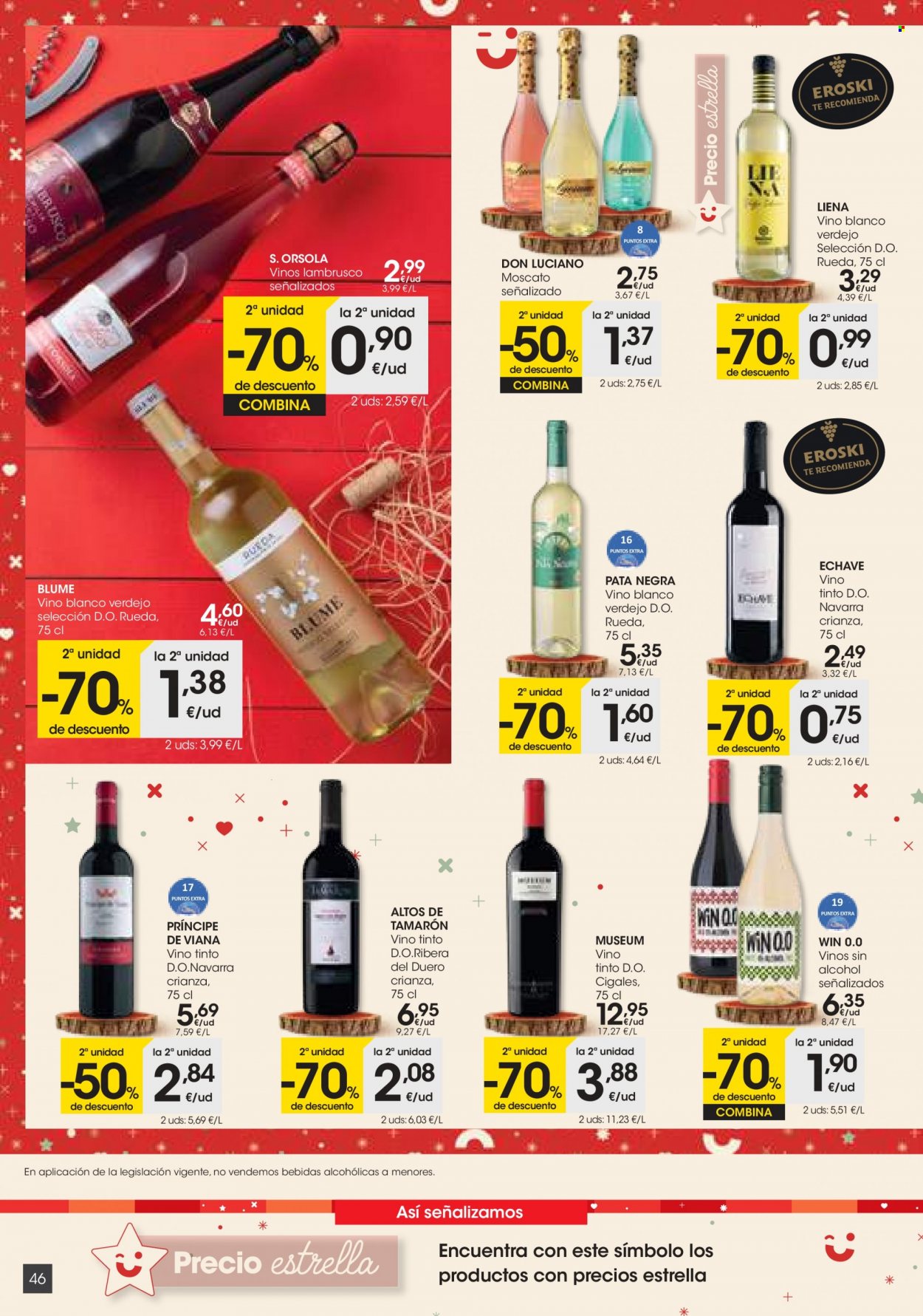 thumbnail - Folleto actual Eroski - 02/12/21 - 15/12/21 - Ventas - bebida, vino, Lambrusco, Verdejo, vino blanco, vino tinto, Crianza, bebida alcohólica. Página 46.