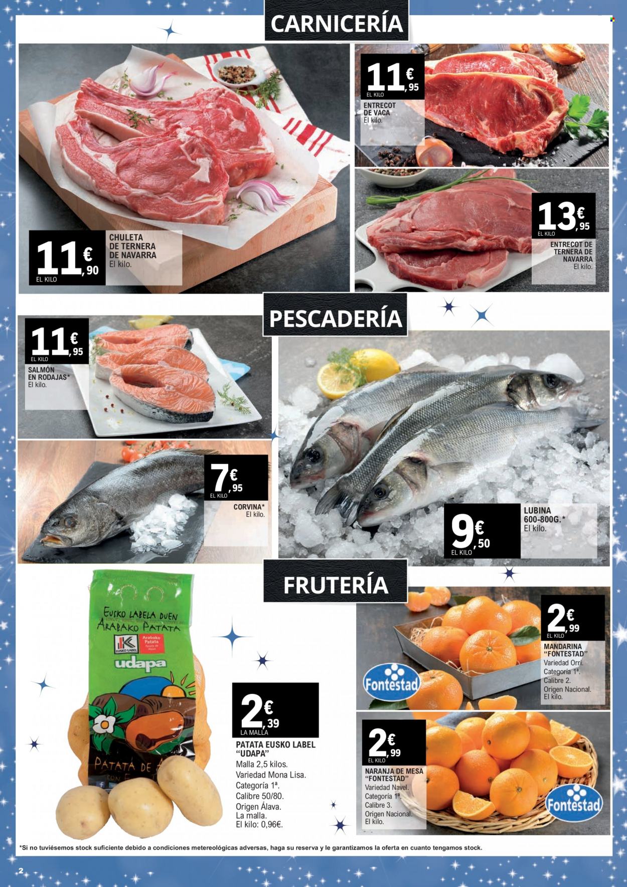 thumbnail - Folleto actual E.Leclerc - 01/12/21 - 14/12/21 - Ventas - chuleta, carne de ternera, entrecot, mandarina, patatas, lubina, salmón. Página 2.