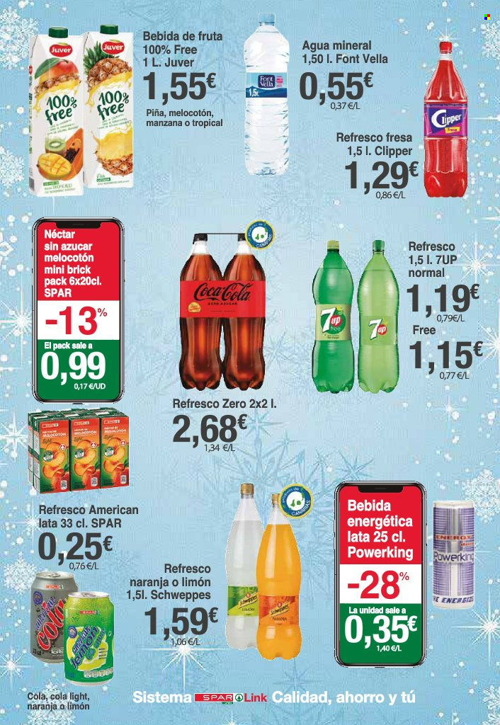 thumbnail - Folleto actual SPAR - 02/12/21 - 16/12/21 - Ventas - nectar, refresco, bebida, Coca-cola, Coca-Cola Light, bebida energética, Schweppes, 7UP, agua mineral, Font Vella. Página 14.