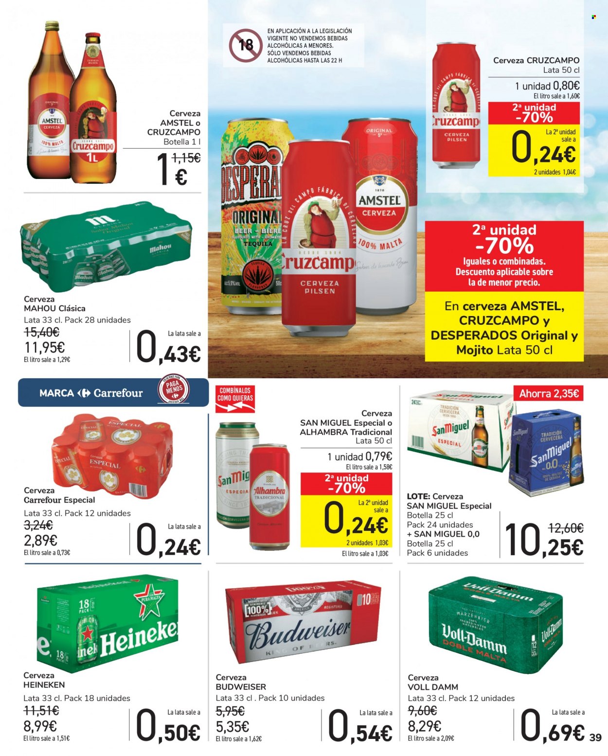 thumbnail - Folleto actual Carrefour - 03/12/21 - 14/12/21 - Ventas - Alhambra, Budweiser, Heineken, Mahou, Voll-Damm, San Miguel, Cruzcampo, Pilsen, bebida, tequila, bebida alcohólica. Página 39.