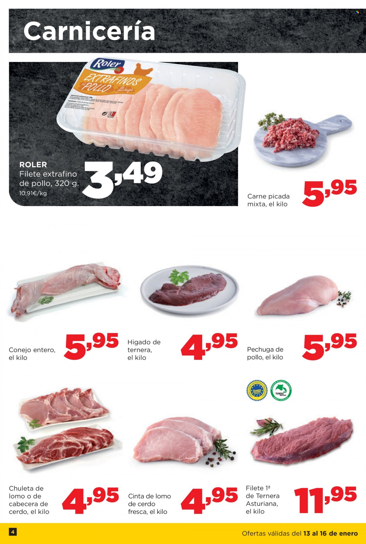 thumbnail - Folleto actual Alimerka - 13/01/22 - 26/01/22 - Ventas - chuleta, cinta de lomo, pollo, carne de ternera, carne picada, conejo. Página 4.