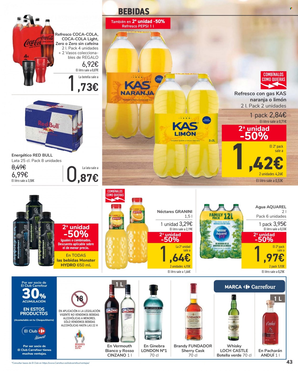 thumbnail - Folleto actual Carrefour - 18/01/22 - 27/01/22 - Ventas - Nestlé, refresco, Coca-cola, Coca-Cola Light, Red Bull, Pepsi, agua, Cinzano, brandy, gin, vermouth, whisky, bebida alcohólica, vaso. Página 43.