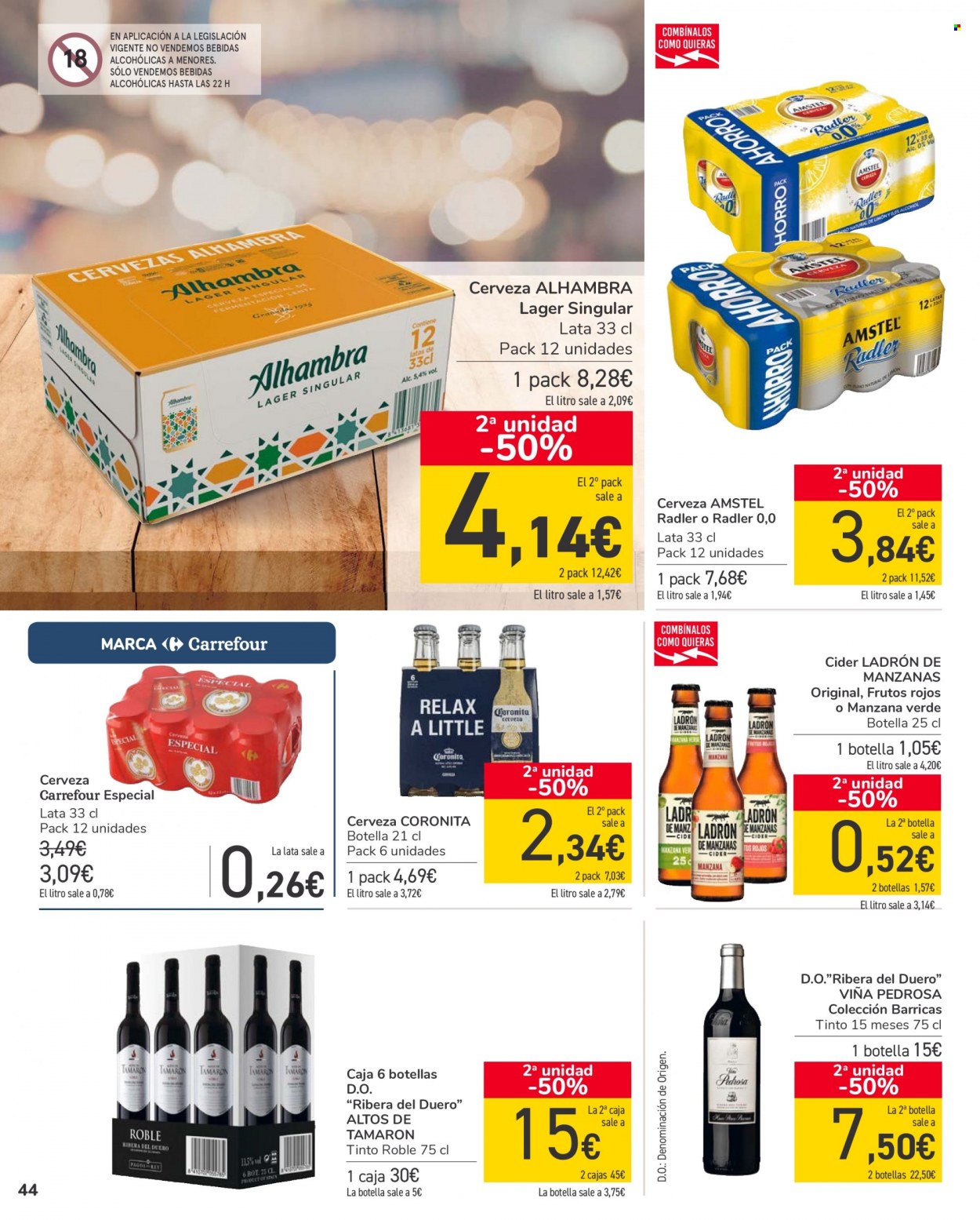thumbnail - Folleto actual Carrefour - 18/01/22 - 27/01/22 - Ventas - Alhambra, cider, bebida, Ribera del Duero, Ladrón de Manzanas, bebida alcohólica. Página 44.