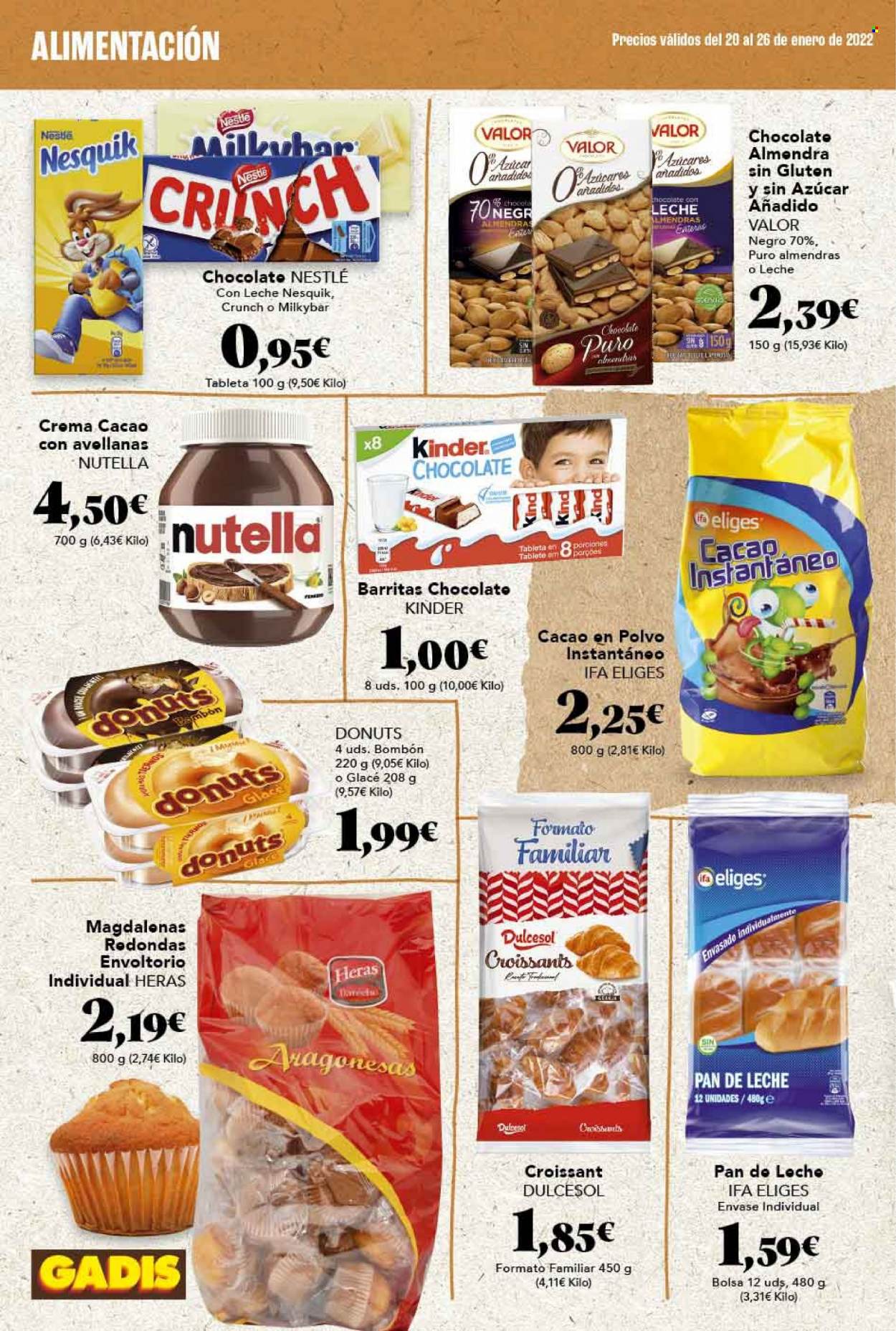 thumbnail - Folleto actual Gadis - 20/01/22 - 26/01/22 - Ventas - Dulcesol, pan, donut, croissant, magdalena, Kinder, chocolate, bombones, Nestlé, cacao, Nesquik, Nutella. Página 20.