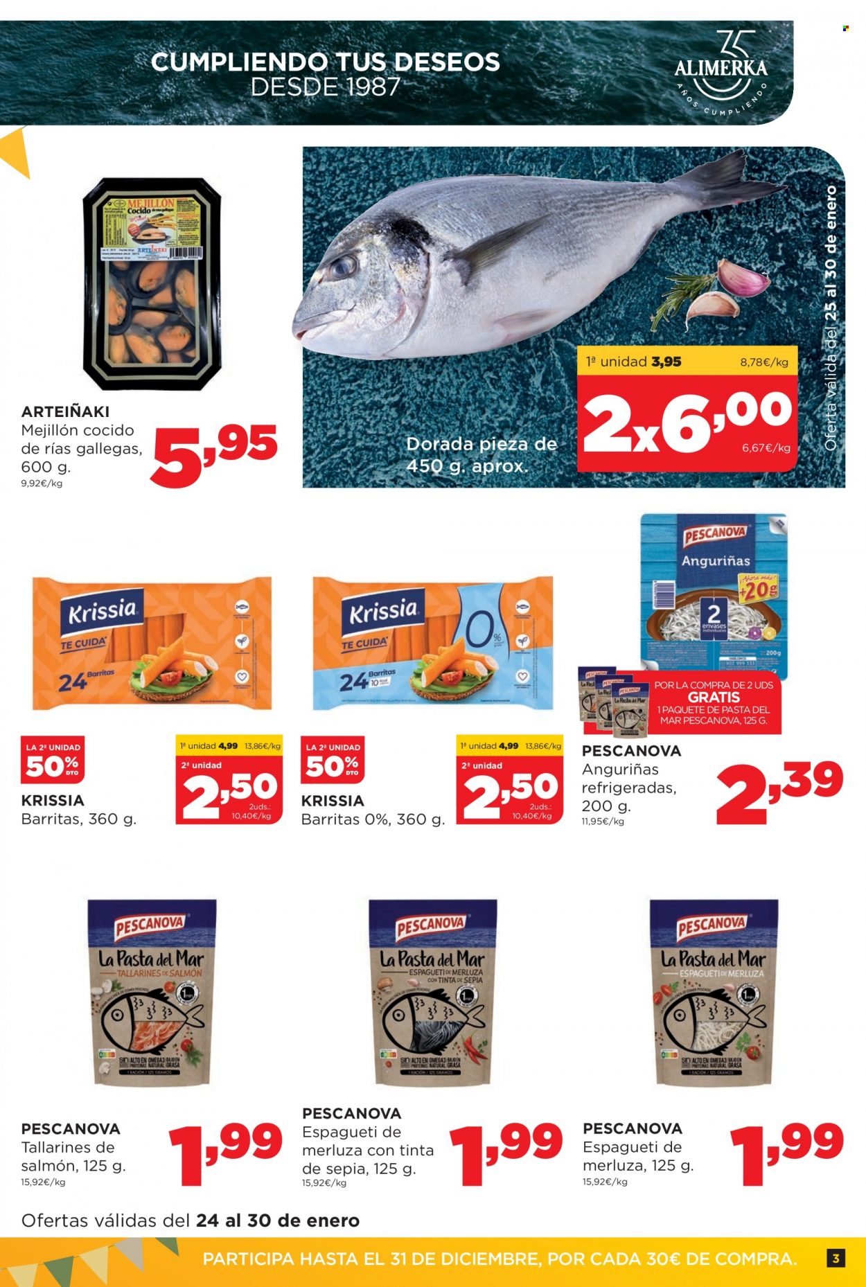 thumbnail - Folleto actual Alimerka - 24/01/22 - 30/01/22 - Ventas - merluza, dorada pescado, mejillones, salmón, espagueti. Página 3.