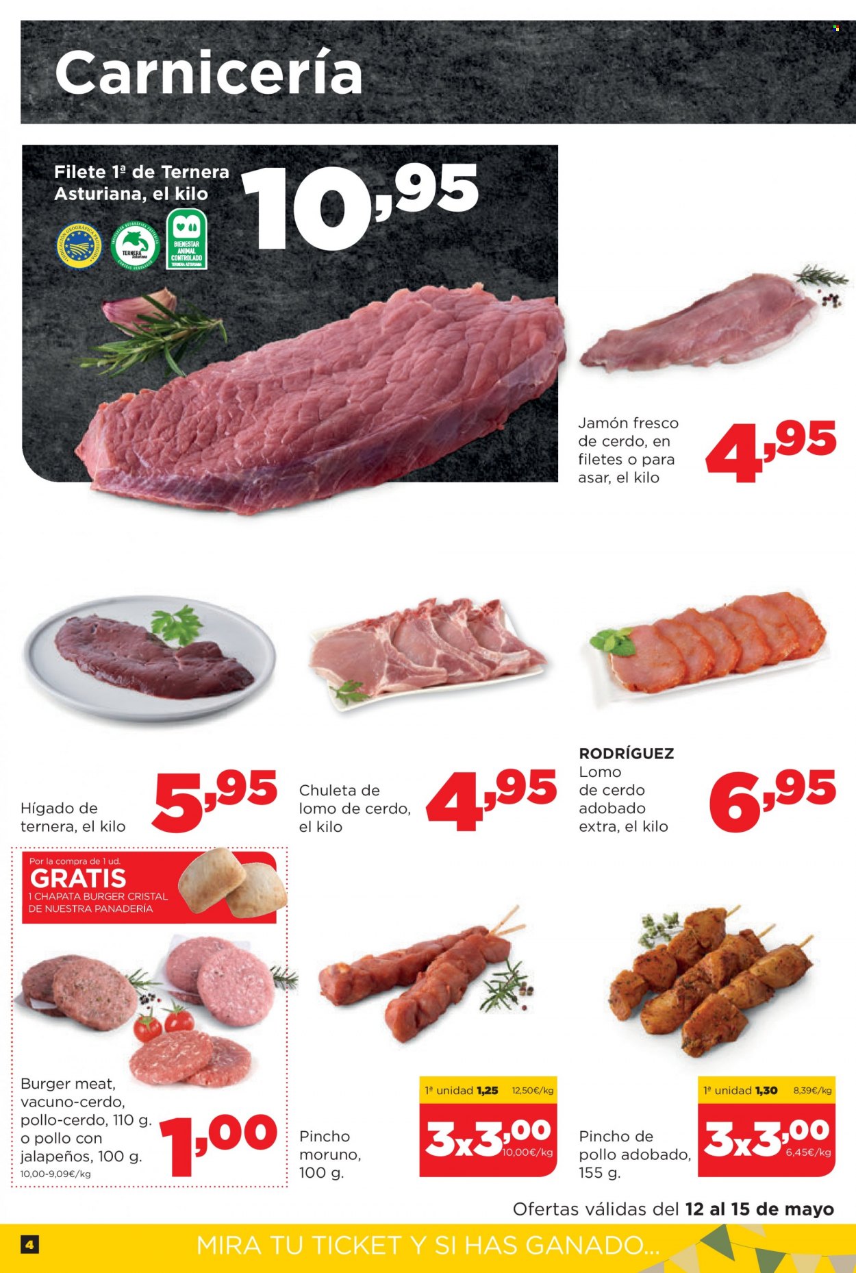 thumbnail - Folleto actual Alimerka - 12/05/22 - 25/05/22 - Ventas - chuleta, lomo, lomo de cerdo, carne de ternera, hamburguesa, carne picada, chapata, jamón. Página 4.