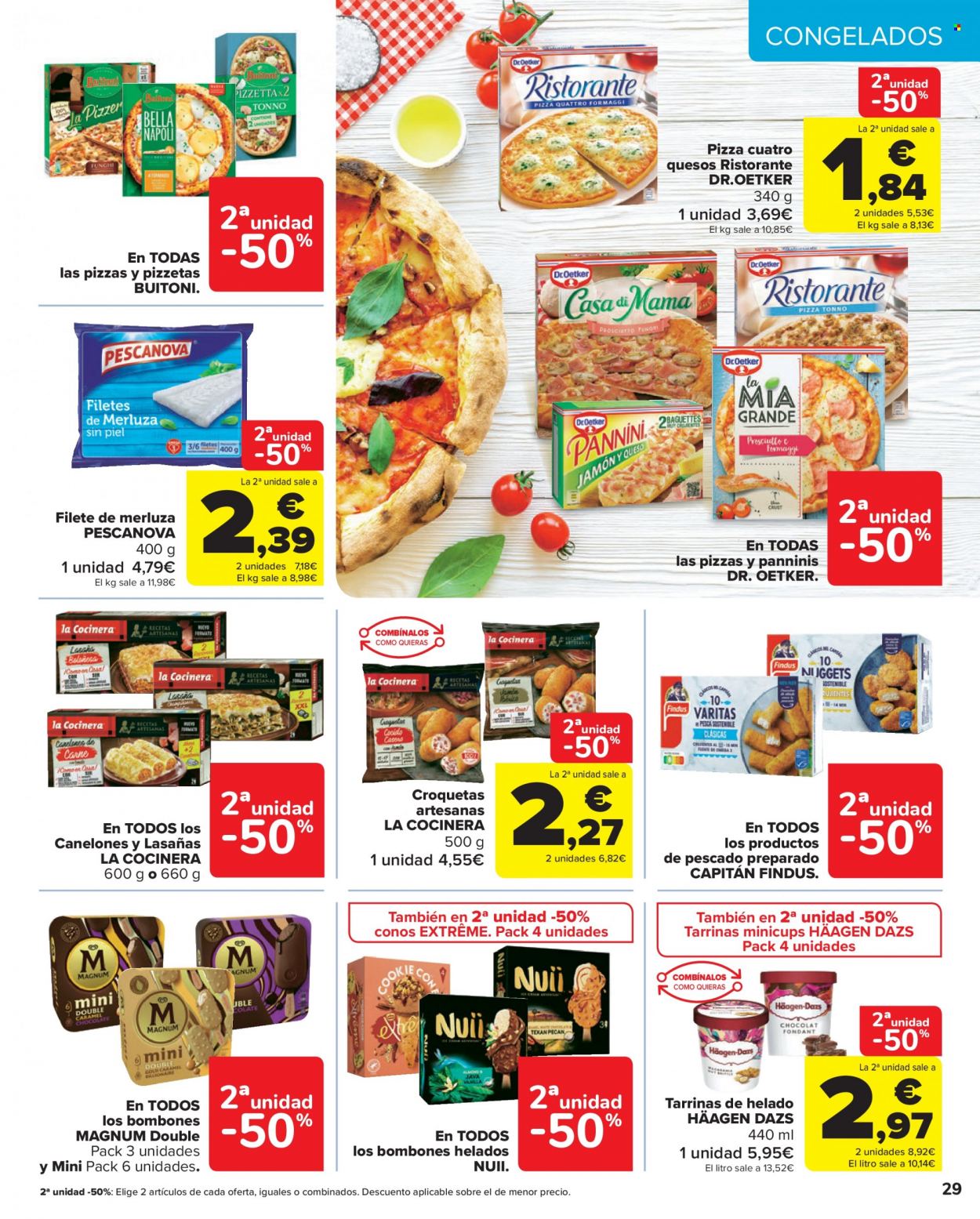 thumbnail - Folleto actual Carrefour - 11/05/22 - 24/05/22 - Ventas - merluza, Findus, canelón, pizza, croquetas, Dr. Oetker, Magnum, Magnum Mini. Página 29.