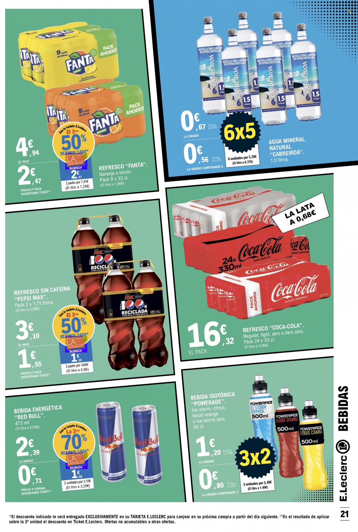 thumbnail - Folleto actual E.Leclerc - 23/05/22 - 11/06/22 - Ventas - refresco, bebida, Coca-cola, bebida energética, Fanta, Red Bull, Pepsi, agua mineral. Página 21.