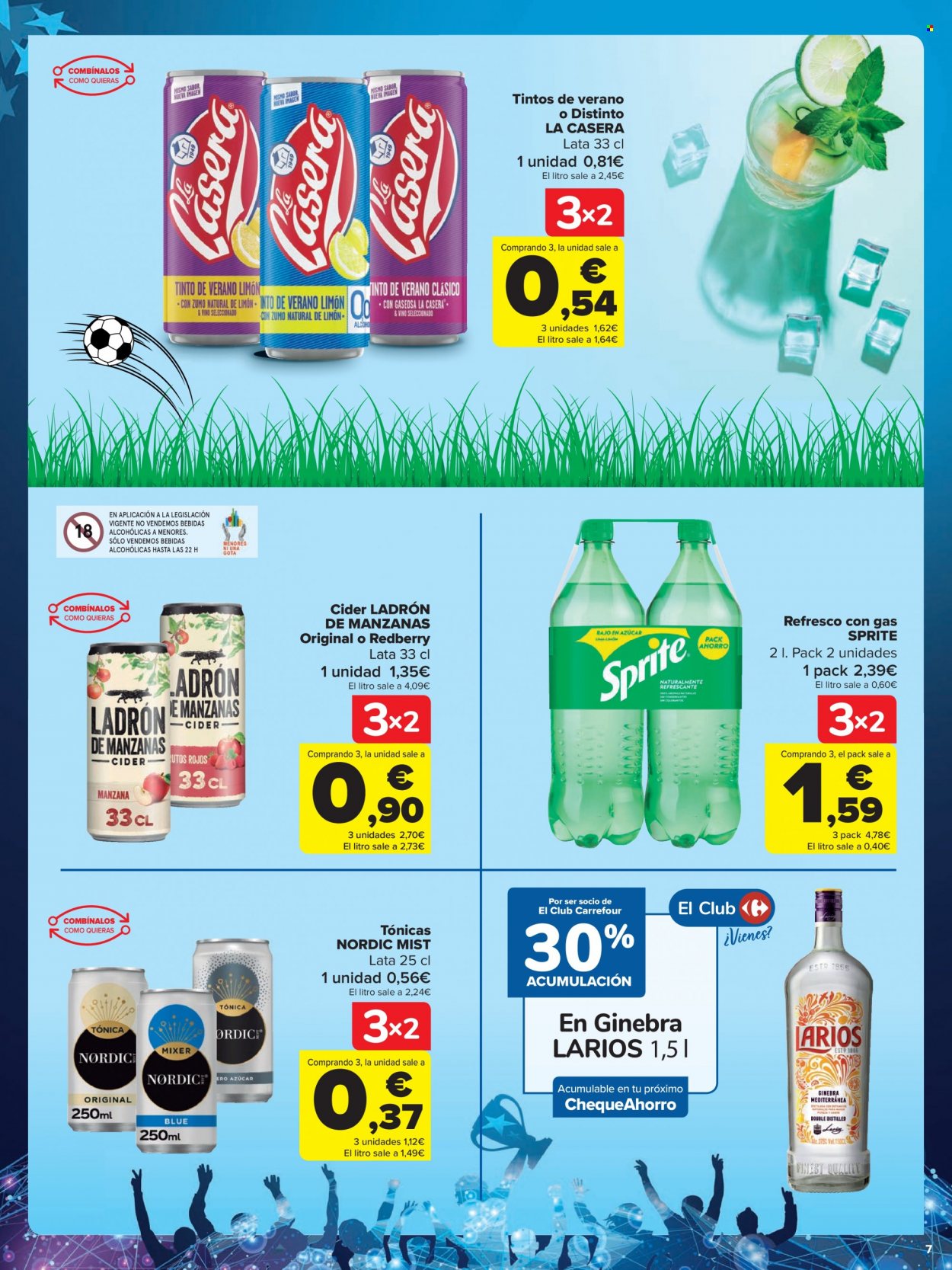 thumbnail - Folleto actual Carrefour - 26/05/22 - 29/05/22 - Ventas - cider, refresco, tonica, bebida, Sprite, gin, Ladrón de Manzanas, Larios, bebida alcohólica. Página 7.