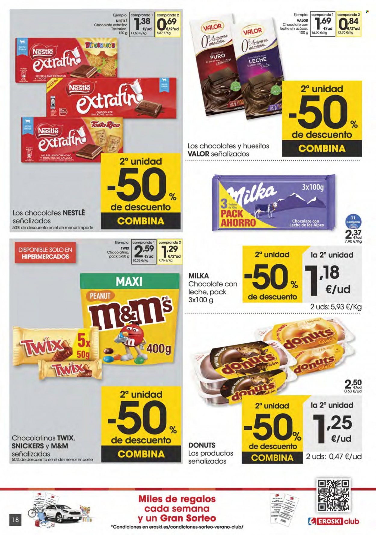 thumbnail - Folleto actual Eroski - 16/06/22 - 28/06/22 - Ventas - donut, Milka, Nestlé, chocolate, galletas, bombones, M&M's, Snickers, Twix, chocolatina. Página 18.