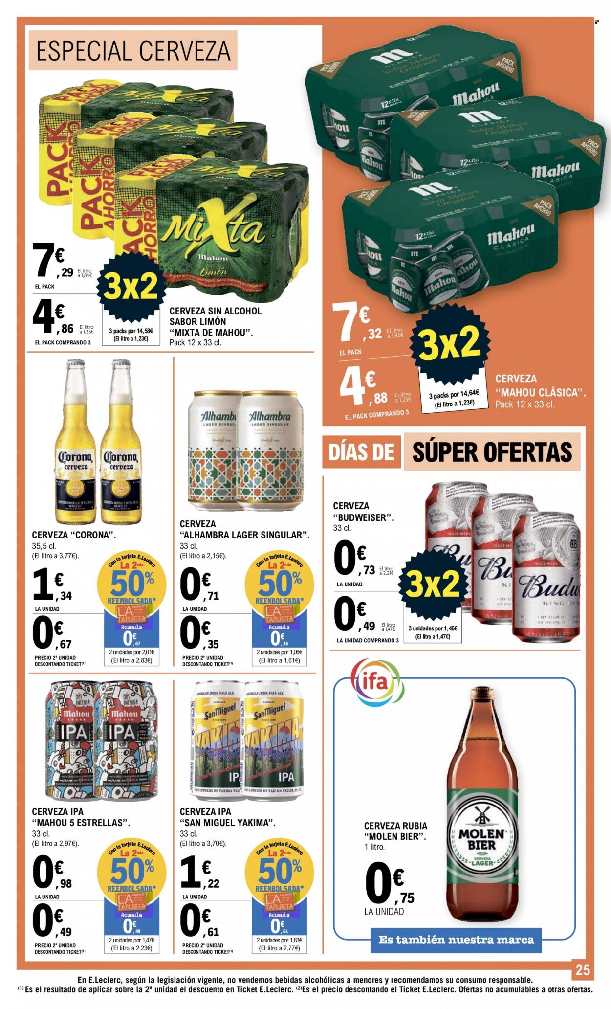 thumbnail - Folleto actual E.Leclerc - 20/06/22 - 09/07/22 - Ventas - Alhambra, Budweiser, cerveza rubia, Mahou, Corona, San Miguel, cerveza, bebida, bebida alcohólica. Página 25.