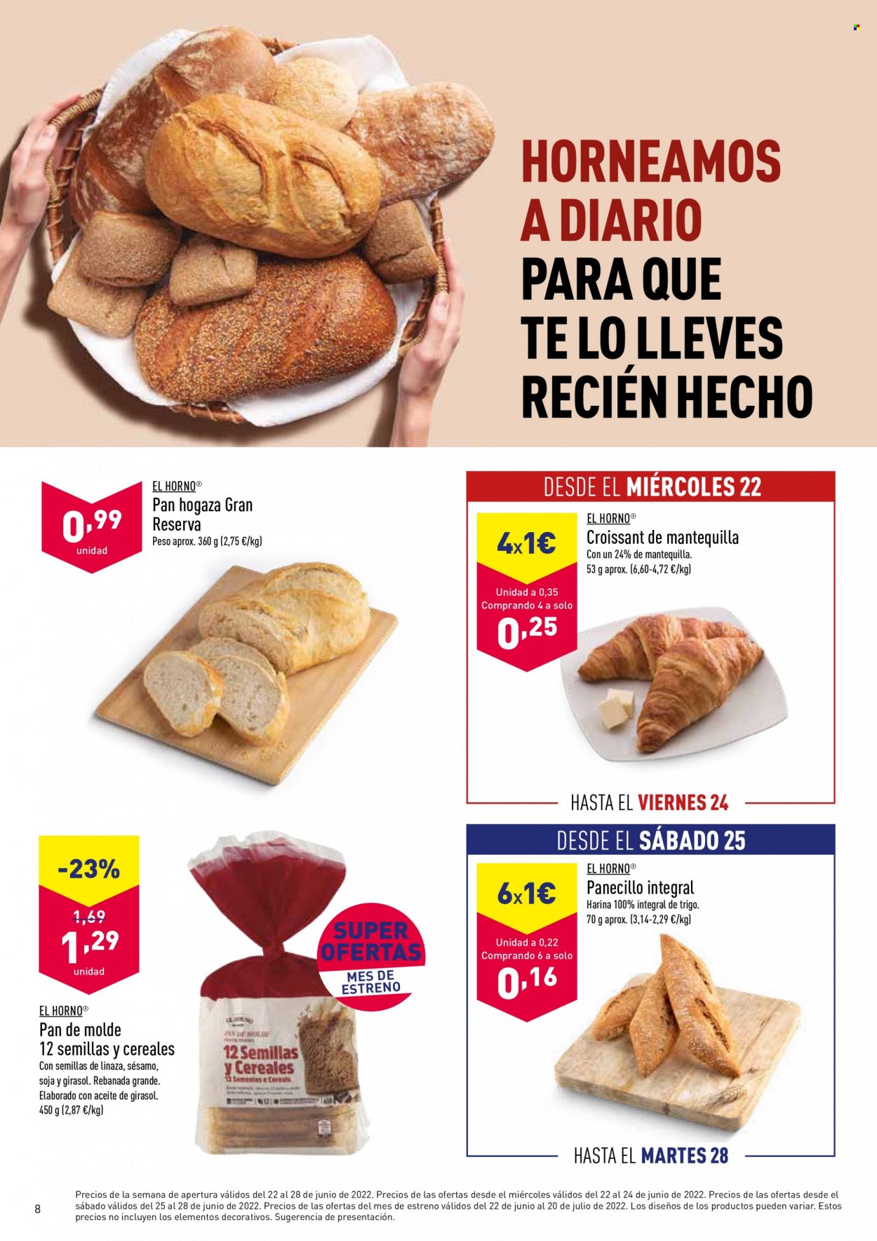 thumbnail - Folleto actual Aldi - 22/06/22 - 28/06/22 - Ventas - pan de molde, panecillo, hogaza, croissant, Gran Reserva, harina. Página 8.