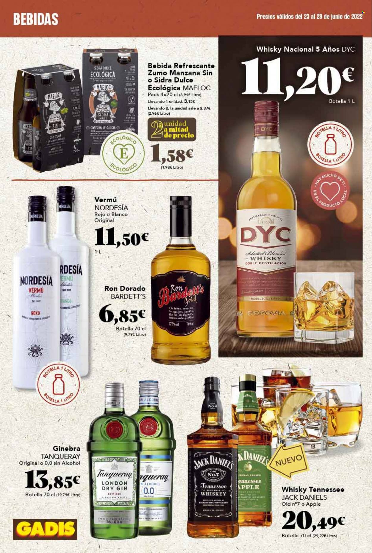 thumbnail - Folleto actual Gadis - 23/06/22 - 29/06/22 - Ventas - zumo, bebida, zumo de manzana, sidra, ron, DYC, gin, Jack Daniel’s, Tanqueray, whisky. Página 34.