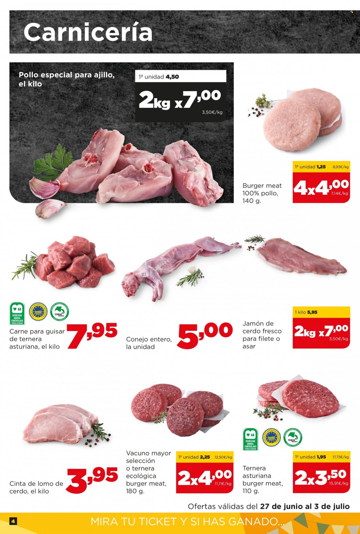 thumbnail - Folleto actual Alimerka - 27/06/22 - 03/07/22 - Ventas - lomo, lomo de cerdo, cinta de lomo, pollo, carne para guisar, hamburguesa, carne picada, conejo, jamón. Página 4.