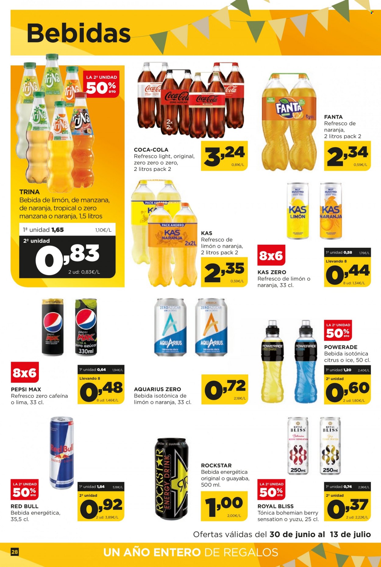 thumbnail - Folleto actual Alimerka - 30/06/22 - 13/07/22 - Ventas - refresco, tonica, Aquarius, bebida, Coca-cola, bebida energética, Fanta, Red Bull, Pepsi. Página 28.
