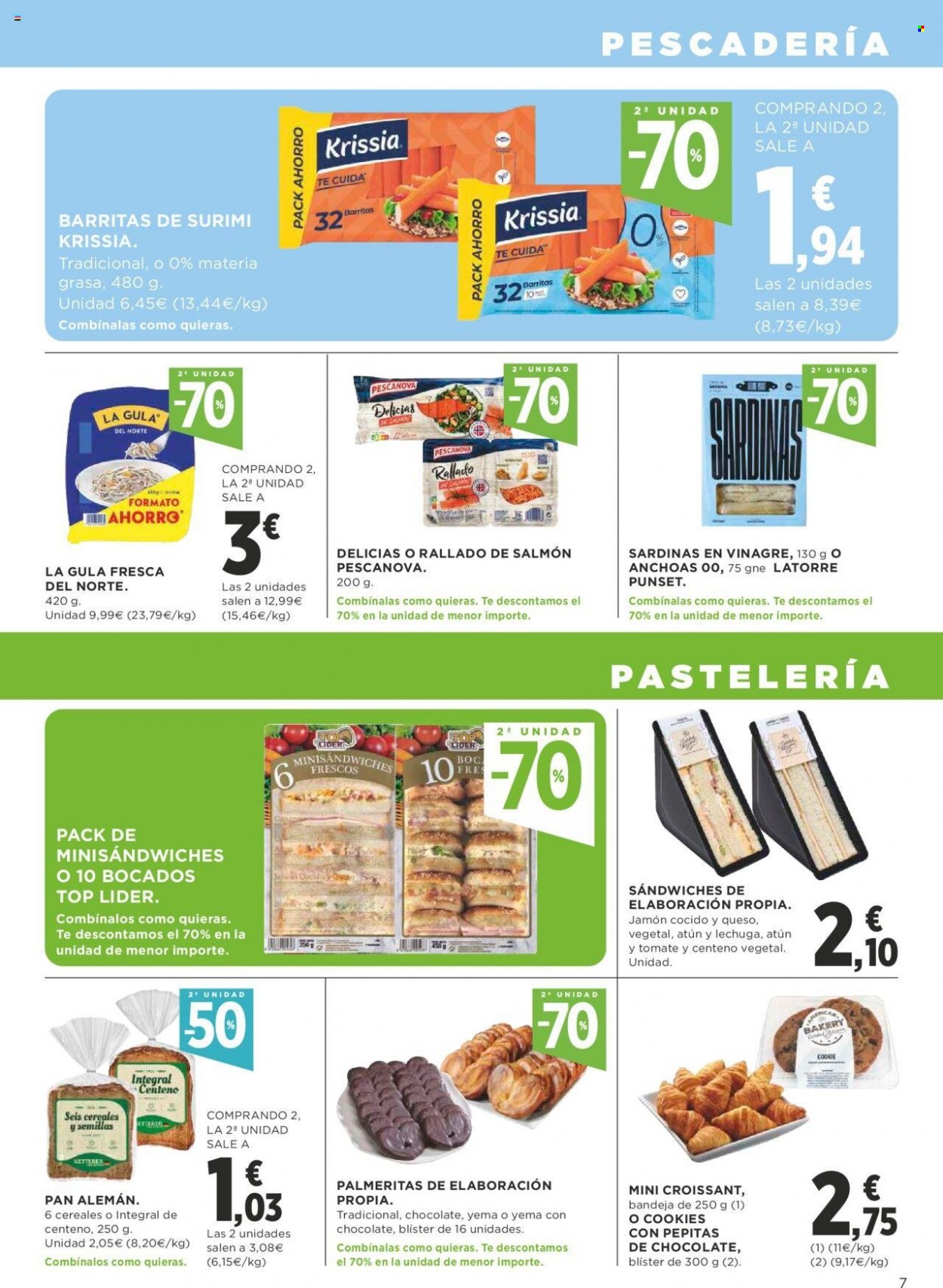 thumbnail - Folleto actual Supercor supermercados - 30/06/22 - 13/07/22 - Ventas - lechuga, pan, croissant, palmerita, atún, anchoa, surimi, sardinas, salmón, jamón, jamón cocido, cookies, La Gula del Norte. Página 7.