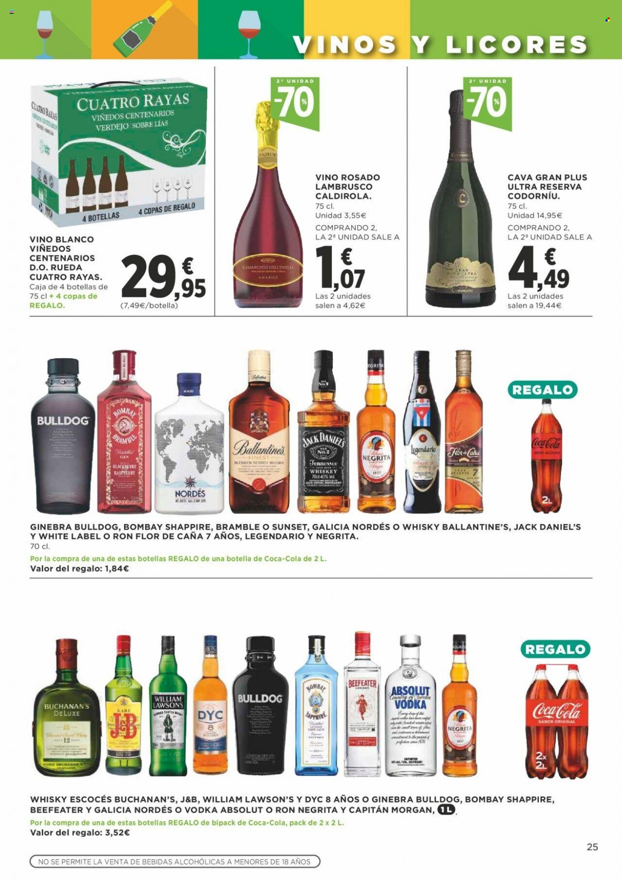 thumbnail - Folleto actual Supercor supermercados - 30/06/22 - 13/07/22 - Ventas - Coca-cola, vino, Cava, Lambrusco, Verdejo, vino blanco, vino rosado, ron, Absolut, Ballantine's, Beefeater, Bulldog, DYC, Flor de Caña, gin, J&B, Jack Daniel’s, vodka, whisky, Scotch Whisky, Legendario, Negrita, copa. Página 25.