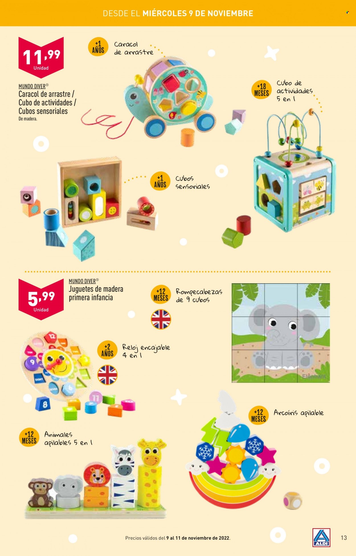 thumbnail - Folleto actual Aldi - Ventas - cubo de actividades, juguete educativo, juguete, juguete de madera. Página 13.