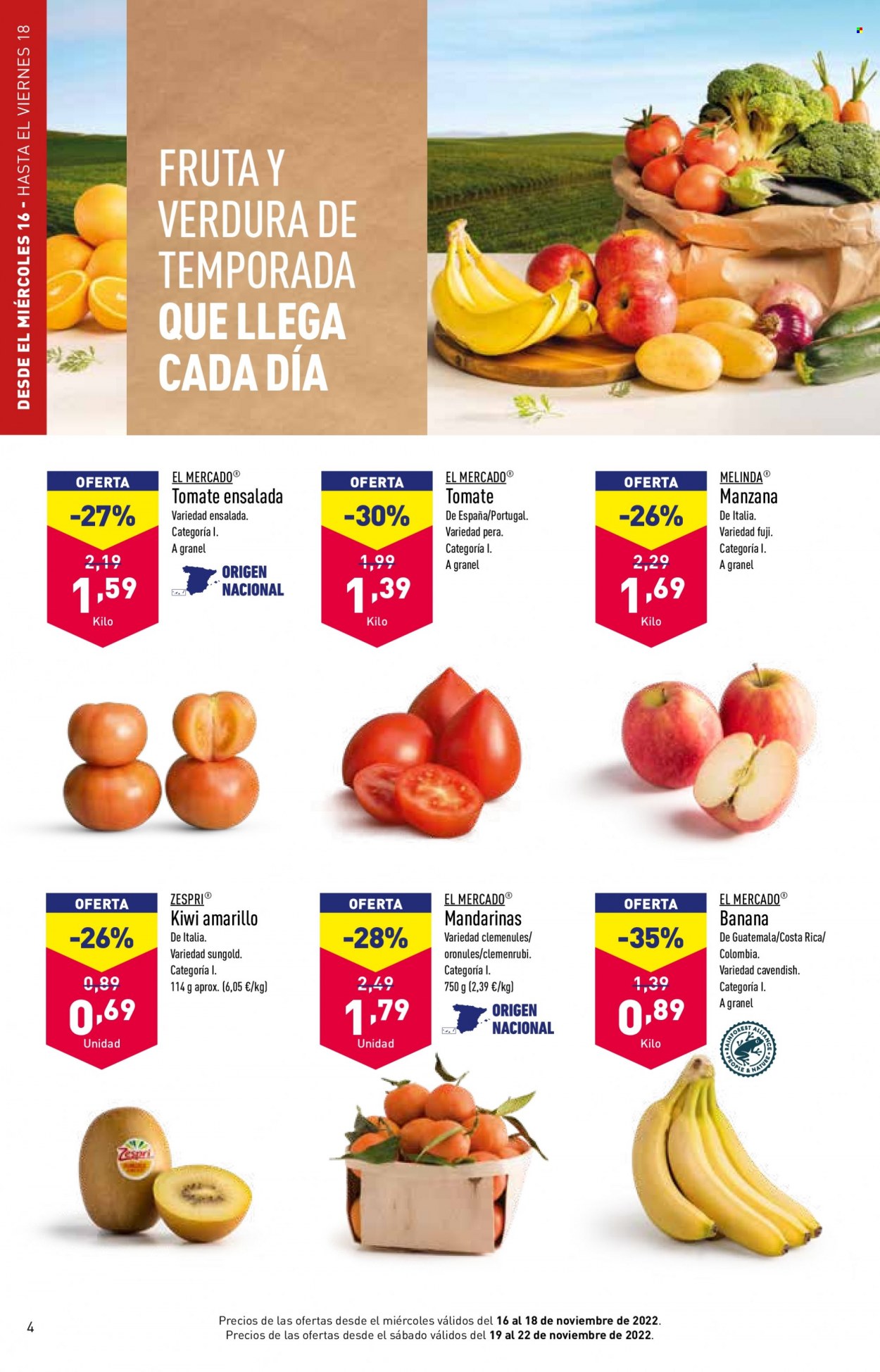 thumbnail - Folleto actual Aldi - 16/11/22 - 14/12/22 - Ventas - banana, kiwi, plátano, tomate. Página 4.