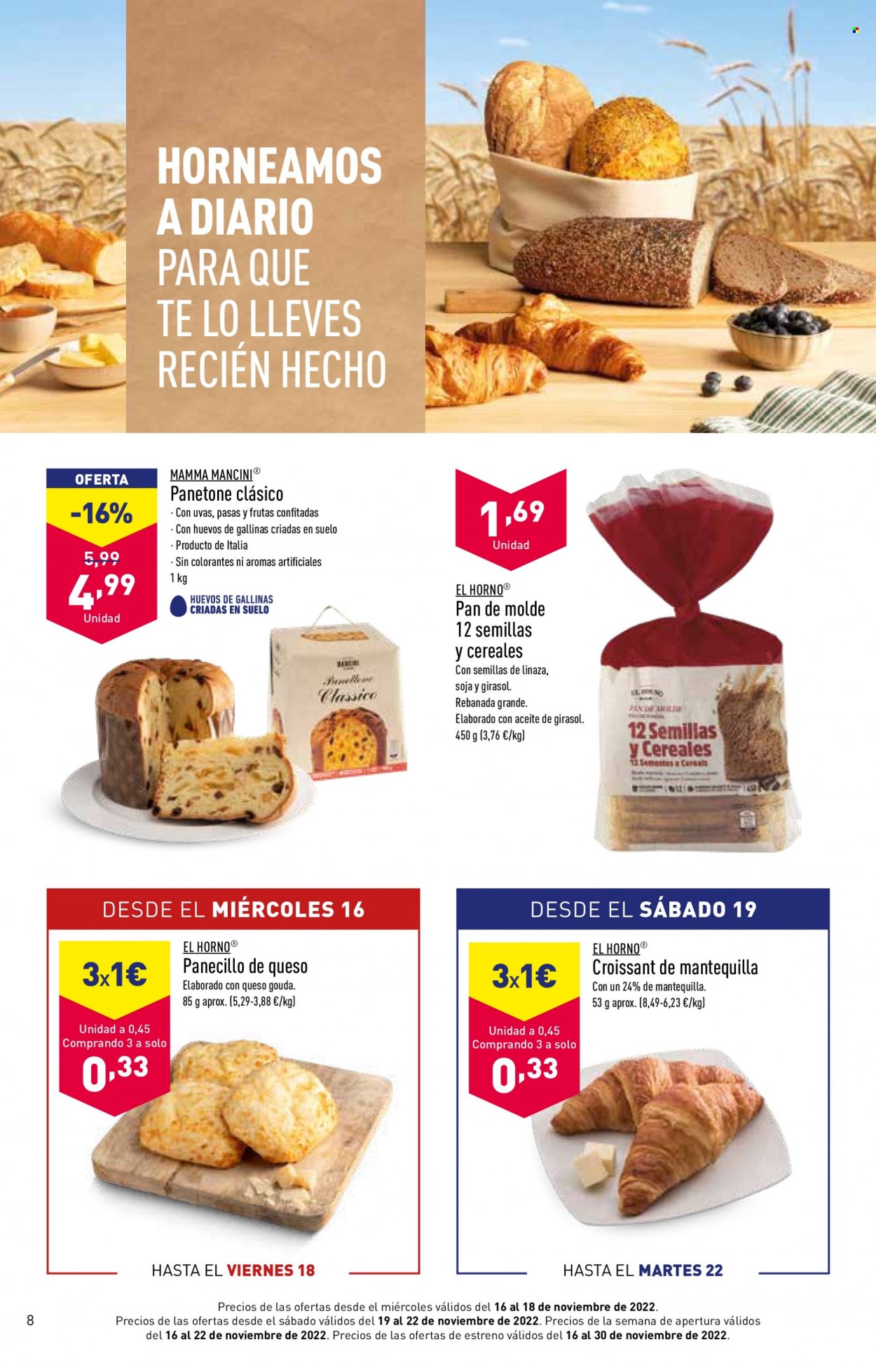 thumbnail - Folleto actual Aldi - 16/11/22 - 14/12/22 - Ventas - uva, pan de molde, panecillo, croissant, panettone, pan. Página 8.