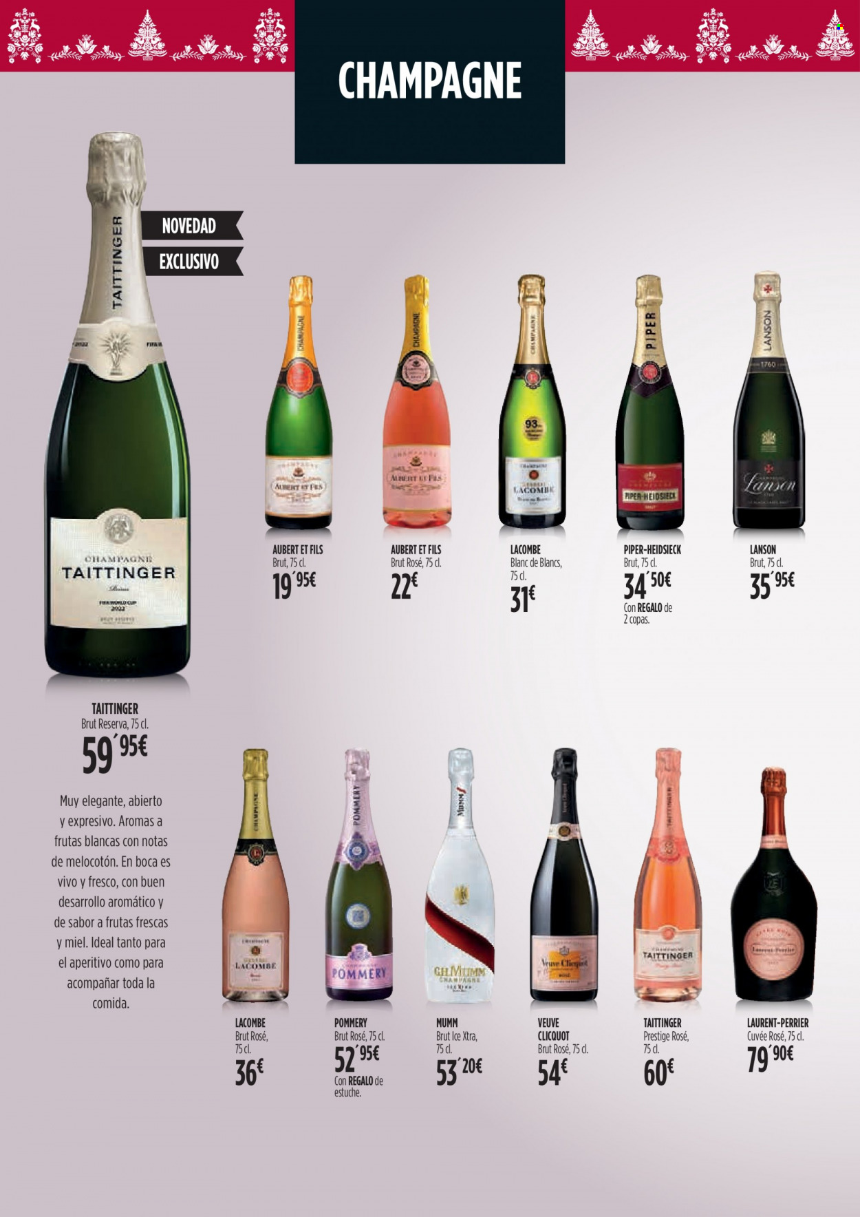 thumbnail - Folleto actual Hipercor - 17/11/22 - 05/01/23 - Ventas - bebida alcohólica, melocotón, brut, champán, Laurent-Perrier, Taittinger, Veuve Clicquot, Champagne Brut, copa, Vivo. Página 28.