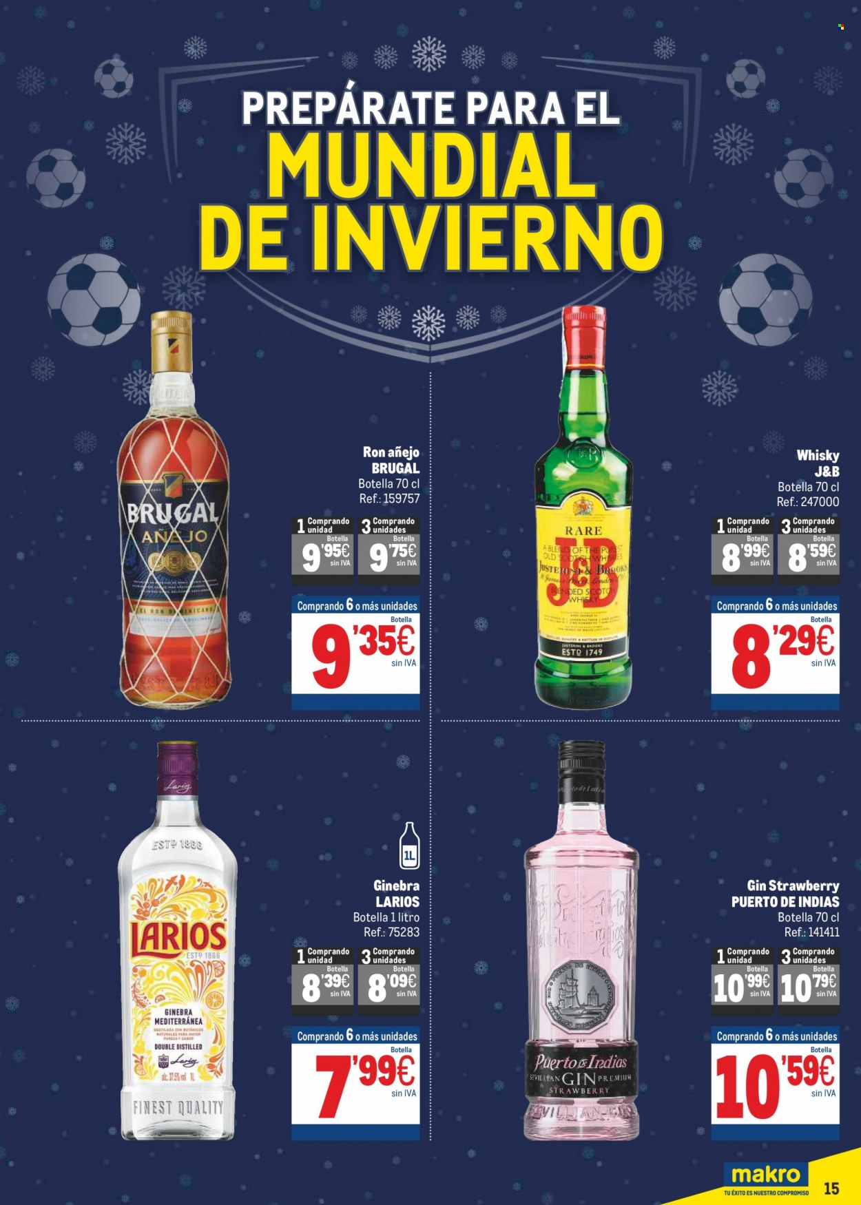thumbnail - Folleto actual Makro - 17/11/22 - 30/11/22 - Ventas - bebida alcohólica, Brugal, ron, ron añejo, J&B, whisky, gin, Larios, Puerto de Indias. Página 15.