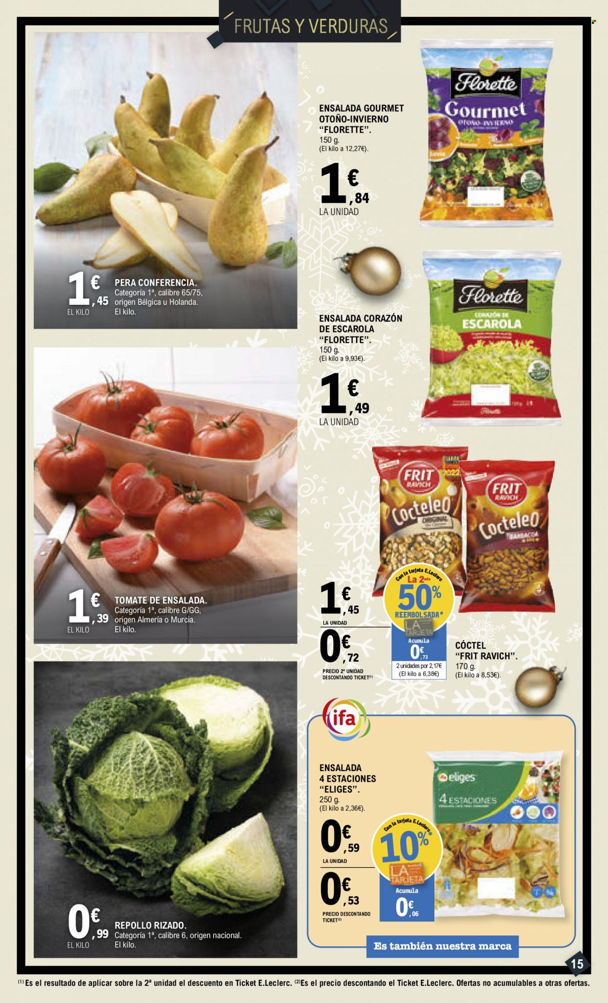 thumbnail - Folleto actual E.Leclerc - 21/11/22 - 04/12/22 - Ventas - ensalada, pera, lechuga, tomate, snack salado, repollo blanco. Página 15.