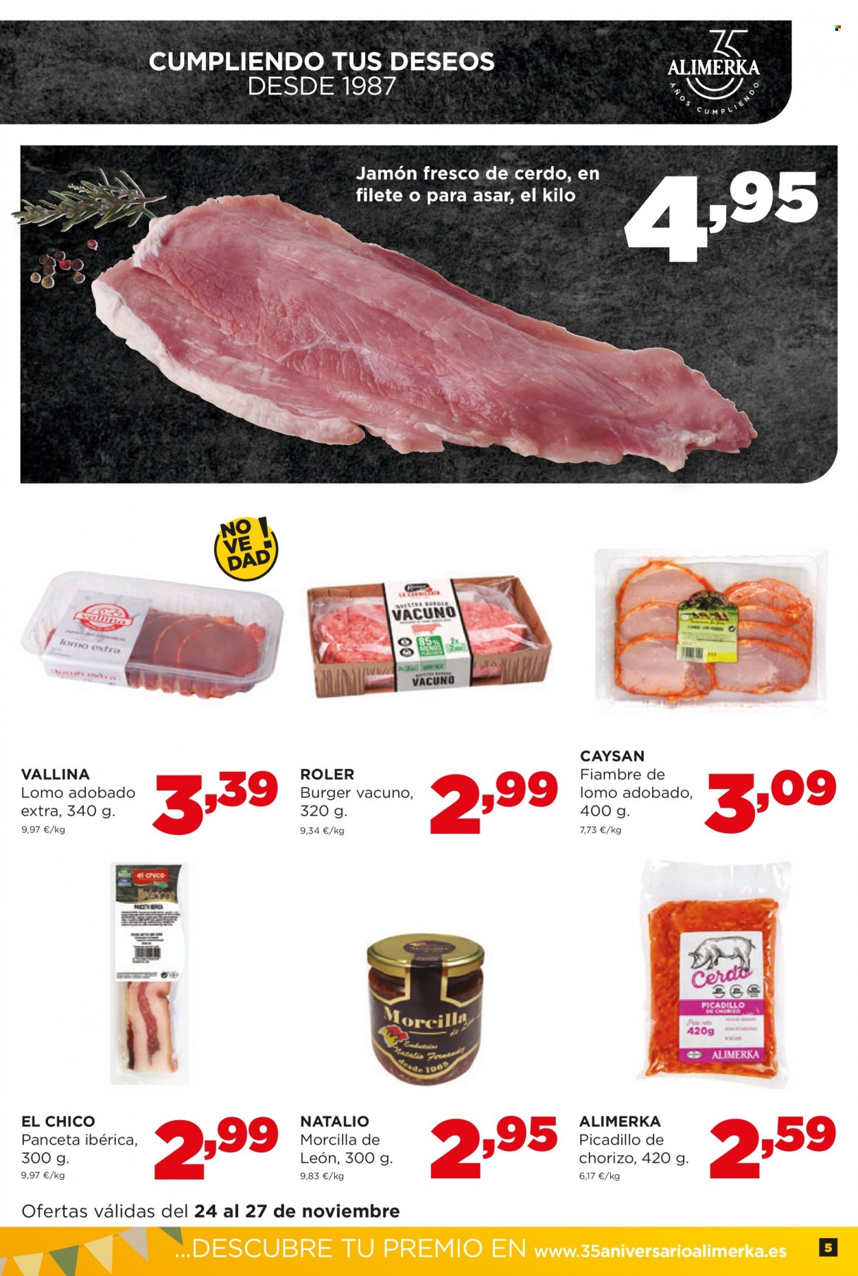 thumbnail - Folleto actual Alimerka - 24/11/22 - 30/11/22 - Ventas - jamón de cerdo, lomo adobado, carne picada, hamburguesa, fiambre, panceta, morcilla, picadillo. Página 5.