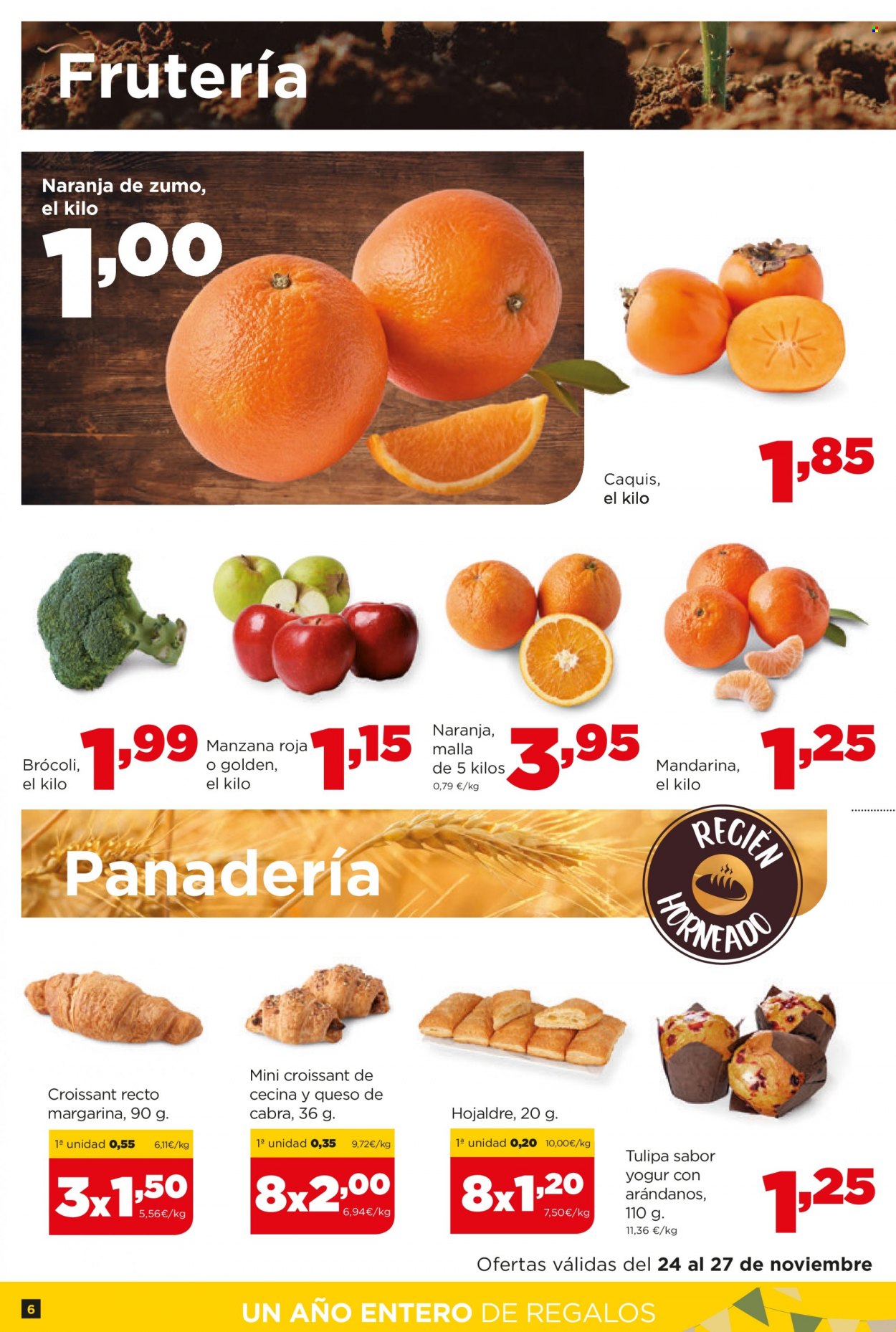 thumbnail - Folleto actual Alimerka - 24/11/22 - 30/11/22 - Ventas - naranja, mandarina, muffin, kaki, brócoli, manzanas, croissant, pastelería, hojaldre. Página 6.