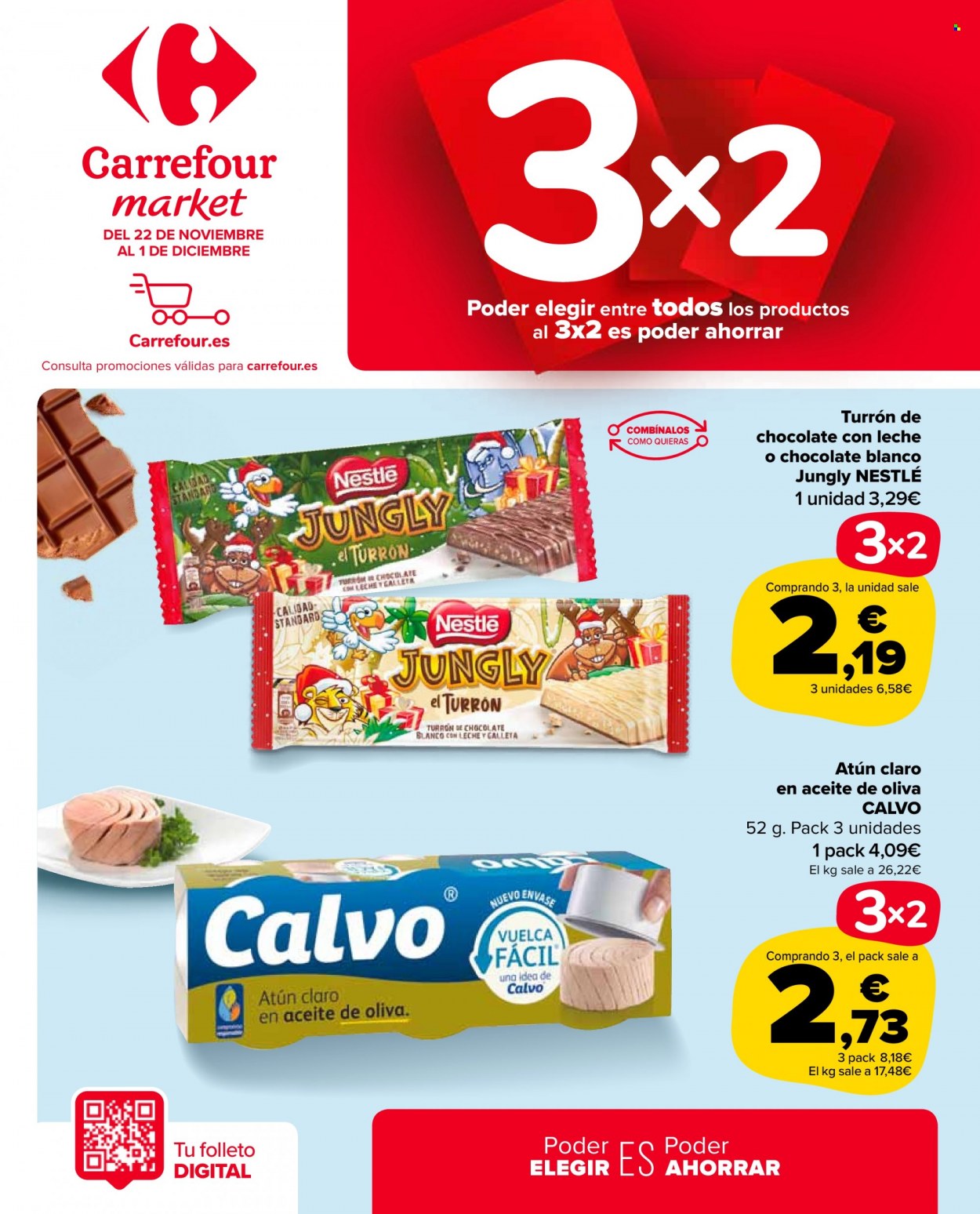 thumbnail - Folleto actual Carrefour - 22/11/22 - 01/12/22 - Ventas - Nestlé, turrón, atún, atún en lata, Calvo, lata de pescado. Página 1.