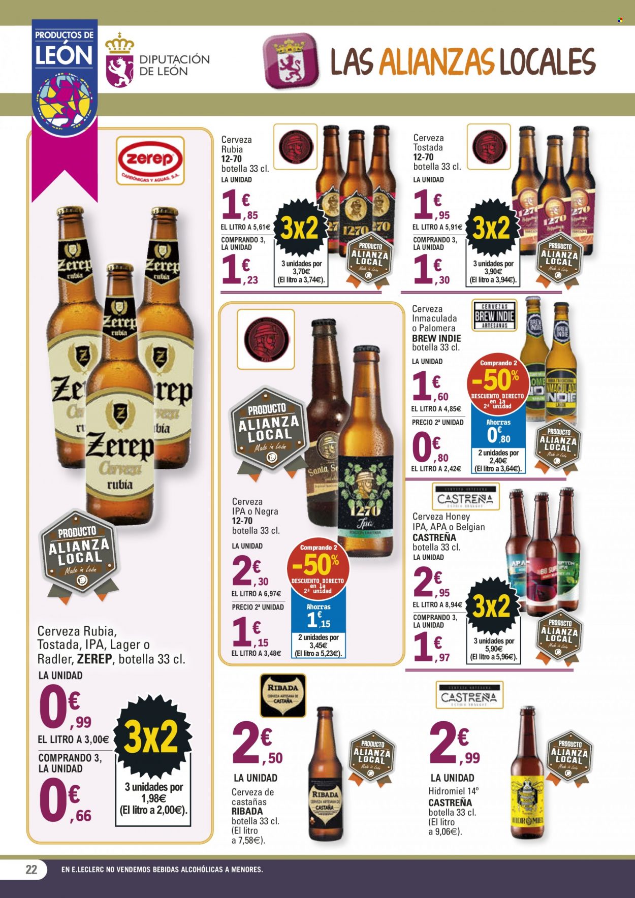 thumbnail - Folleto actual E.Leclerc - 22/11/22 - 08/12/22 - Ventas - cerveza rubia, bebida alcohólica, cerveza, Radler, bebida, castaña. Página 22.