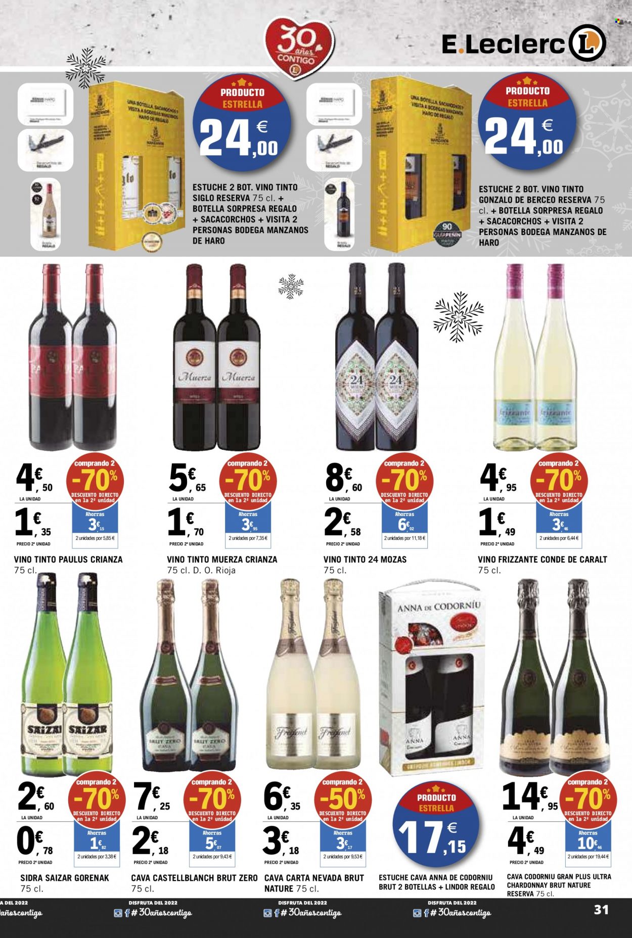 thumbnail - Folleto actual E.Leclerc - 23/11/22 - 03/12/22 - Ventas - bebida alcohólica, Crianza, vino, vino tinto, Rioja, vino espumoso, sidra, brut, Cava, Chardonnay, estuche de vinos. Página 31.
