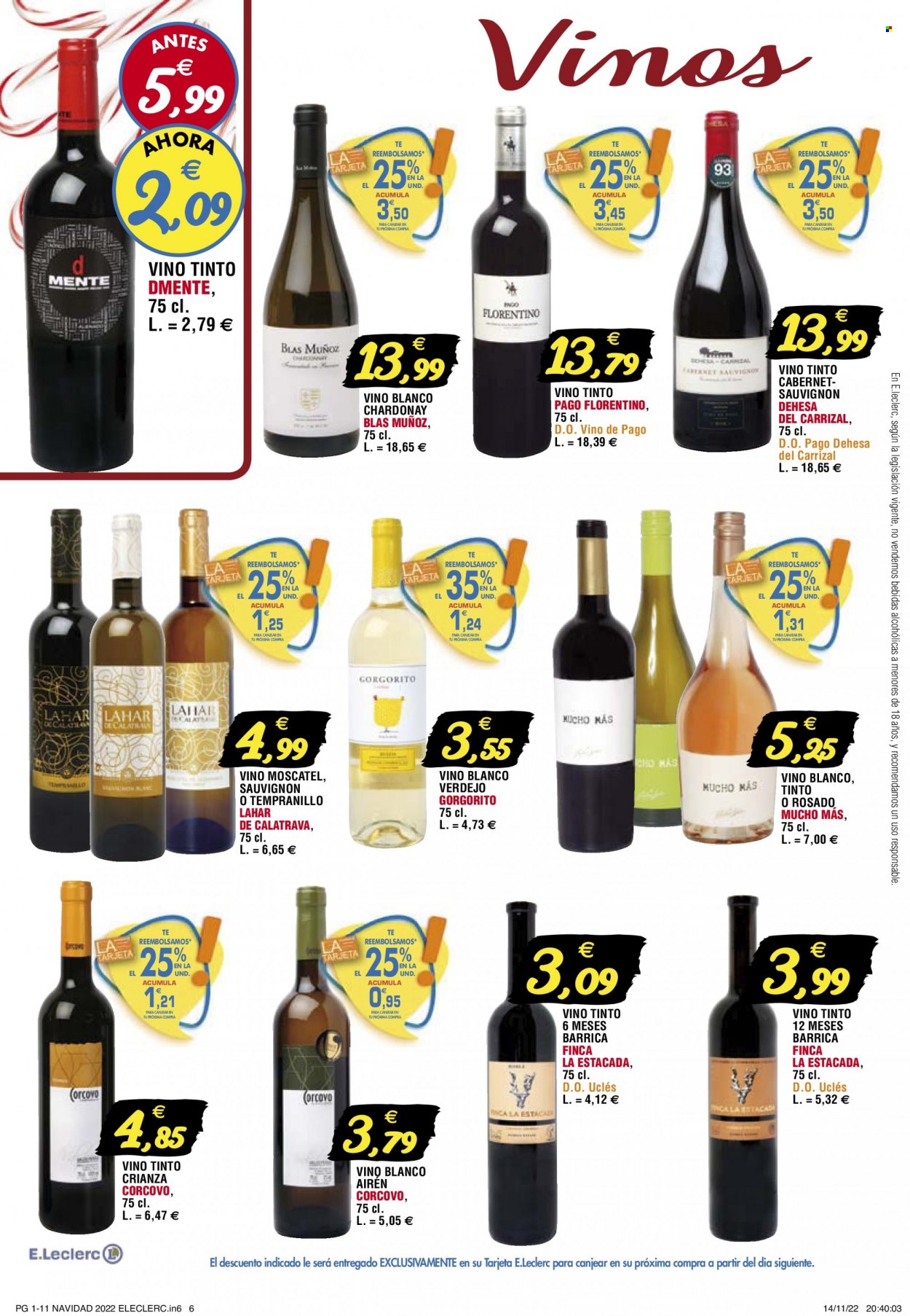 thumbnail - Folleto actual E.Leclerc - 23/11/22 - 04/12/22 - Ventas - bebida alcohólica, vino, vino tinto, Sauvignon, Chardonnay, vino blanco, Tempranillo, Verdejo, vino rosado, Crianza. Página 6.