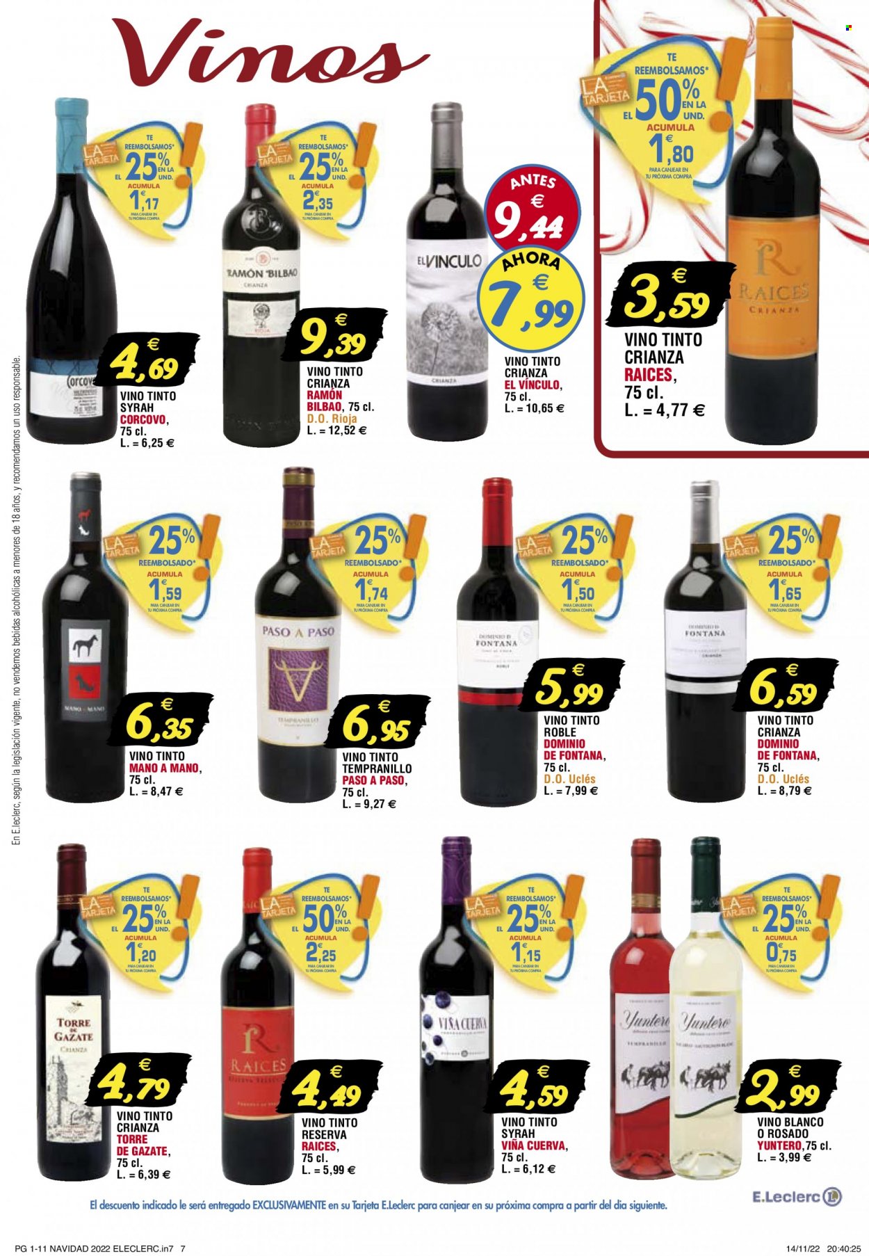 thumbnail - Folleto actual E.Leclerc - 23/11/22 - 04/12/22 - Ventas - bebida alcohólica, Crianza, vino, vino tinto, Rioja, Tempranillo, vino blanco, vino rosado. Página 7.