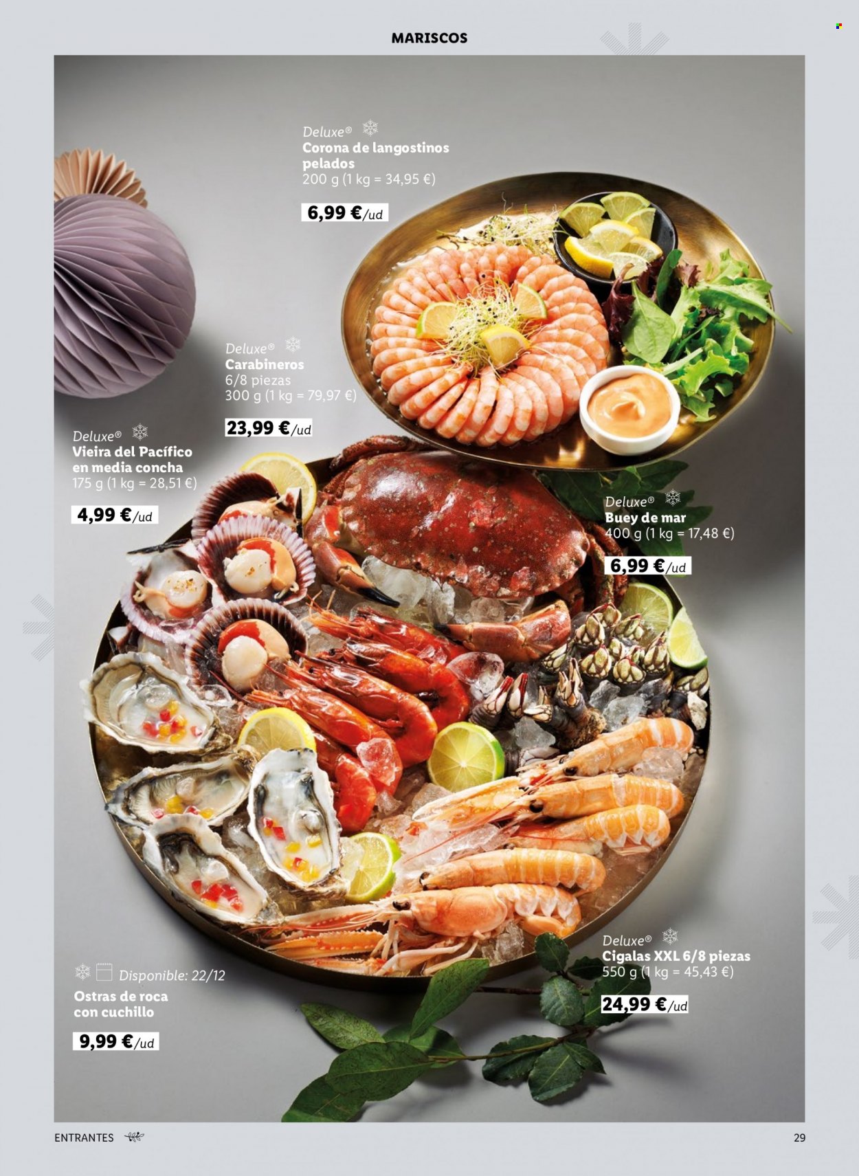 thumbnail - Folleto actual Lidl - Ventas - cangrejo, langostino, mariscos, mejillones, carabinero, vieira, ostra, cigalas. Página 29.