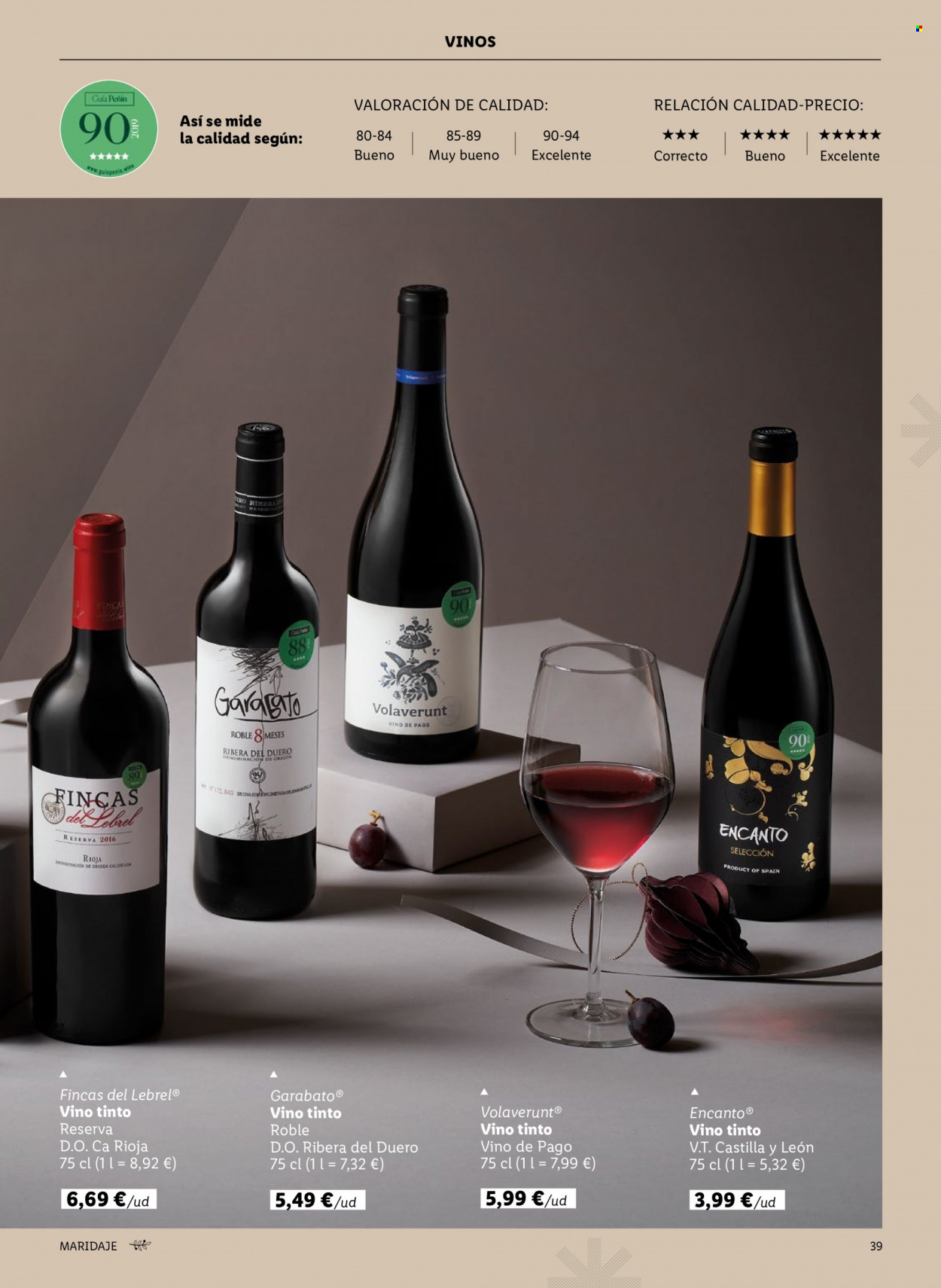 thumbnail - Folleto actual Lidl - Ventas - bebida alcohólica, vino, vino tinto, Ribera del Duero, Rioja. Página 39.