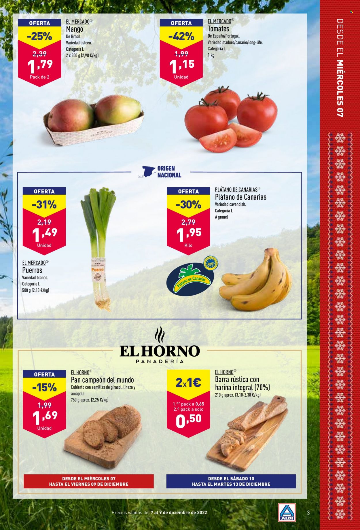 thumbnail - Folleto actual Aldi - 07/12/22 - 13/12/22 - Ventas - mango, tomate, puerro, banana, plátano, pan, baguette, barra de pan. Página 3.