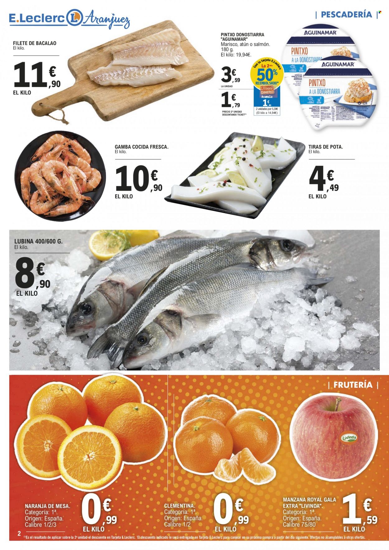 thumbnail - Folleto actual E.Leclerc - 30/11/22 - 11/12/22 - Ventas - bacalao, filete de pescado, pescado, gamba cocida, gambas, mariscos, pota fresca, lubina, naranja, mandarina, manzanas, pintxo. Página 2.