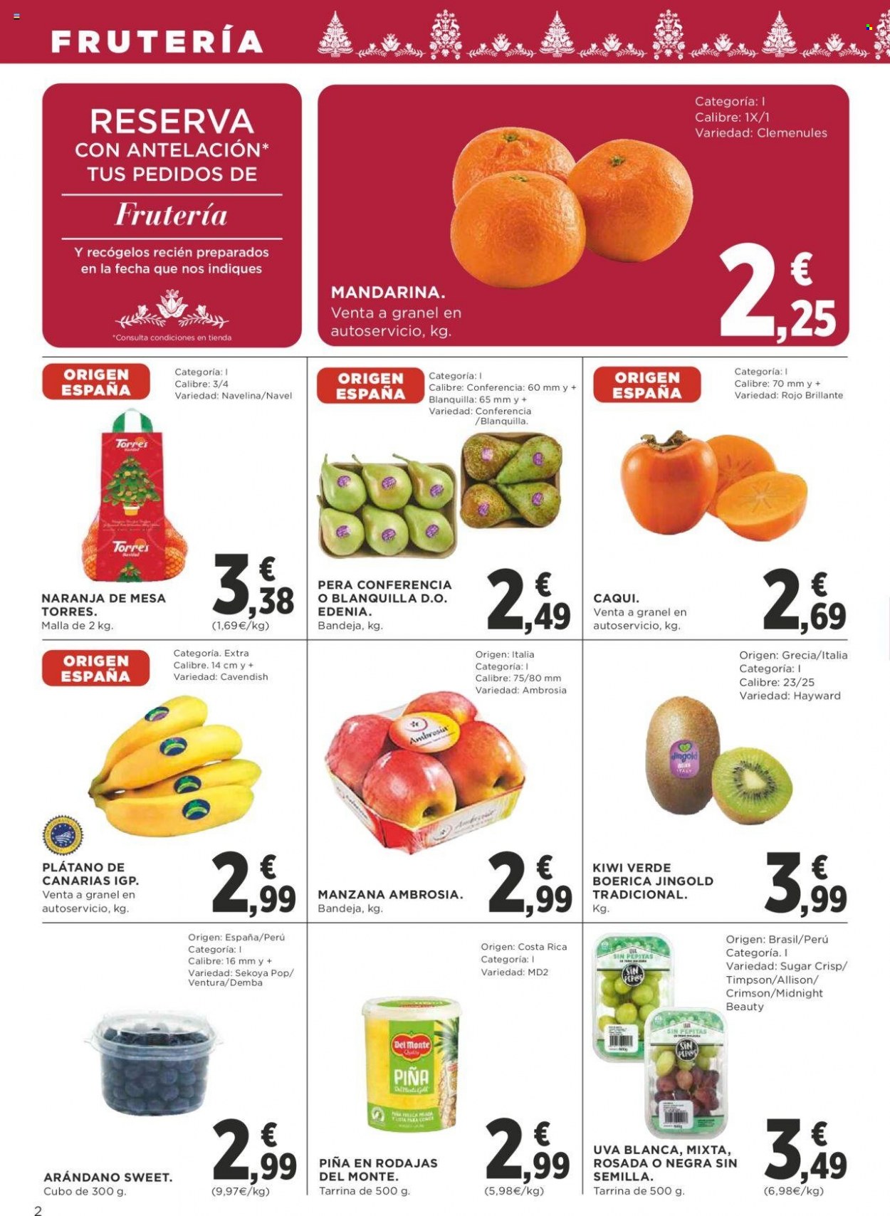 thumbnail - Folleto actual Supercor supermercados - 01/12/22 - 14/12/22 - Ventas - piña, pera, kaki, mandarina, naranja, Del Monte, uva blanca, piña en lata. Página 2.