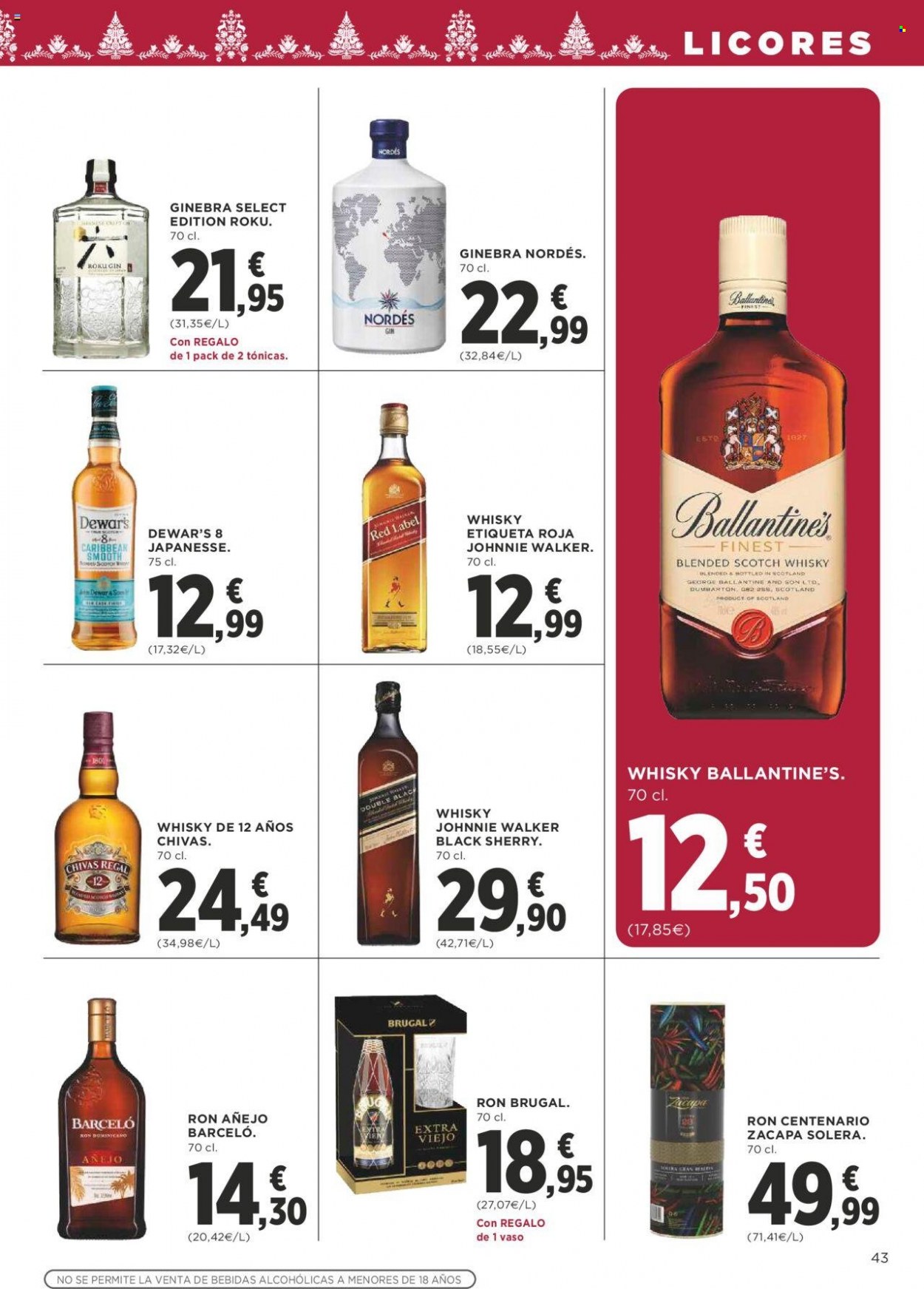 thumbnail - Folleto actual Supercor supermercados - 01/12/22 - 14/12/22 - Ventas - tonica, ron, Ballantine's, Barceló, Brugal, gin, Johnnie Walker, licor, whisky, Zacapa, Scotch Whisky, Red Label, Chivas Regal, Dewar's, ron añejo. Página 43.