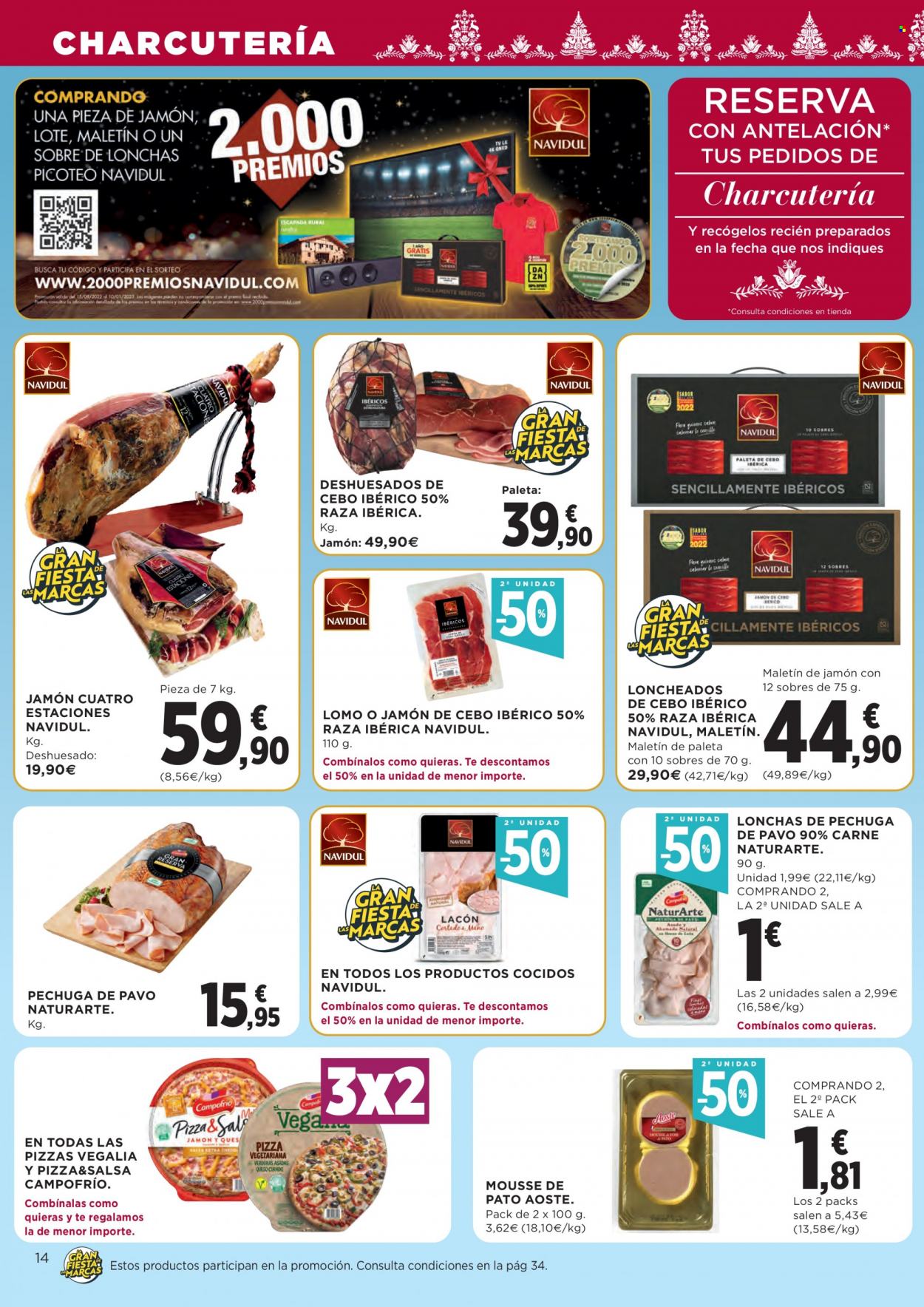 thumbnail - Folleto actual Hipercor - 01/12/22 - 14/12/22 - Ventas - pechuga de pavo, Campofrío, mousse, Pizza&Salsa, jamón ibérico, lote de embutidos, paté de pato. Página 14.