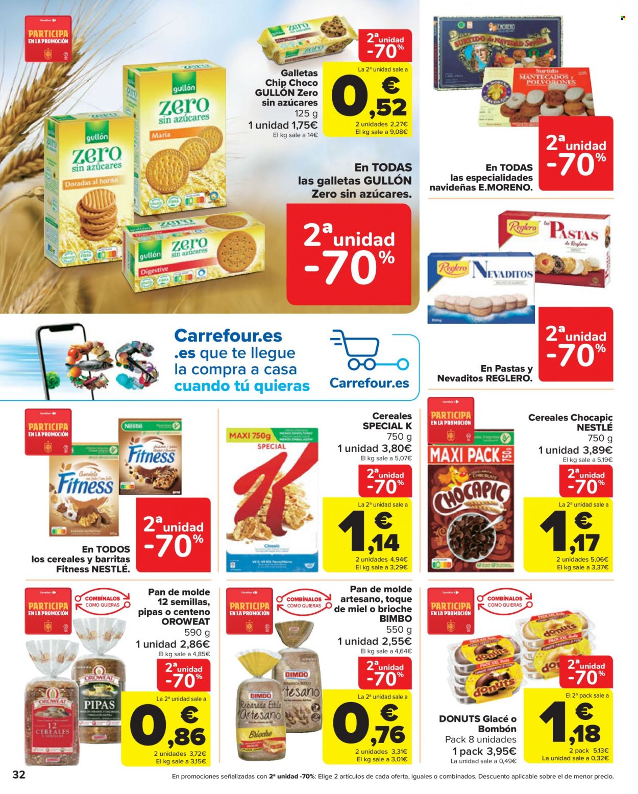 thumbnail - Folleto actual Carrefour - 02/12/22 - 14/12/22 - Ventas - galletas, Gullón, cereales, Chocapic, Nestlé, pan, pan de molde, donut, pastelería. Página 32.