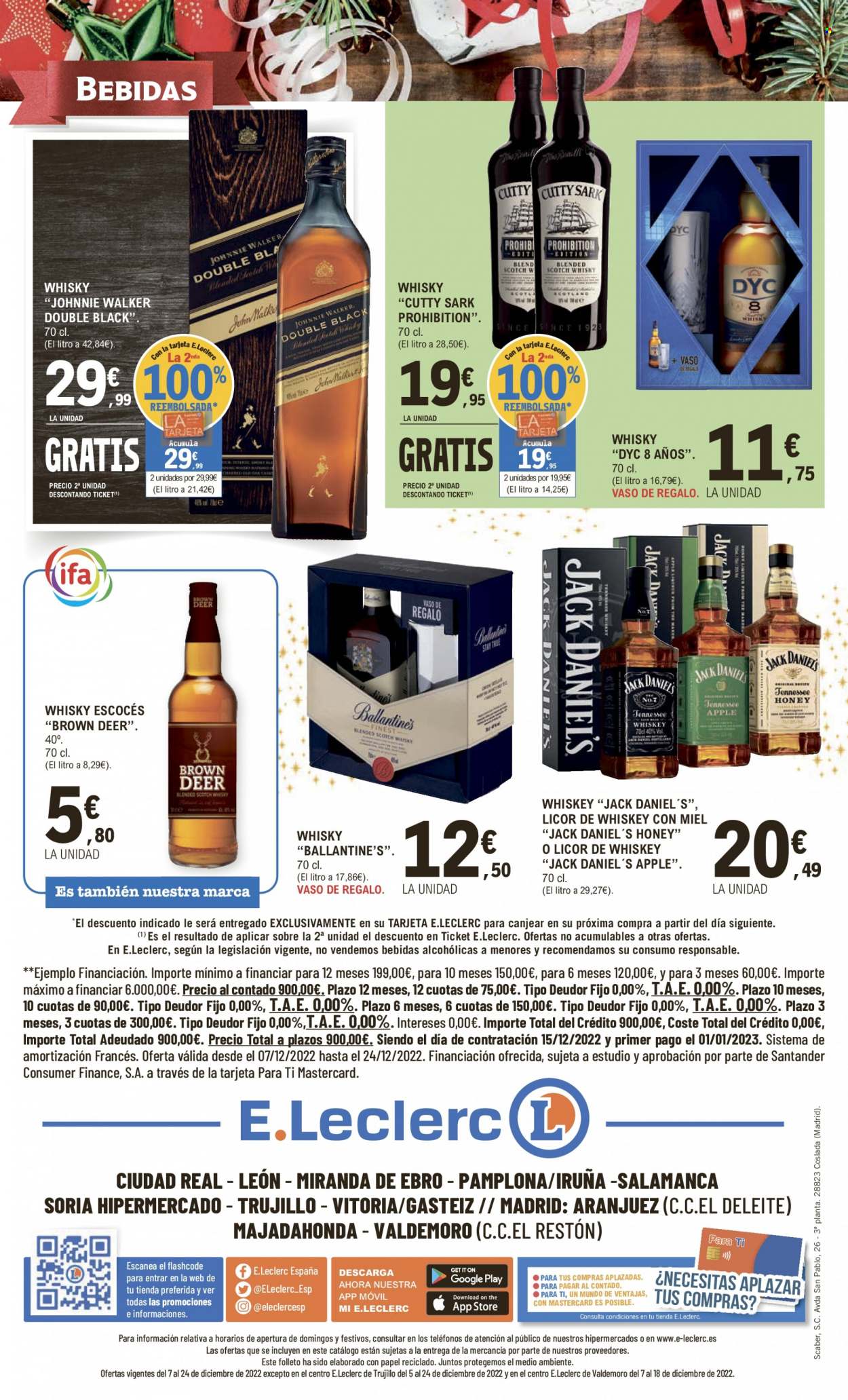 thumbnail - Folleto actual E.Leclerc - 07/12/22 - 24/12/22 - Ventas - bebida, Ballantine's, DYC, Jack Daniel’s, Johnnie Walker, licor, whisky, Scotch Whisky, Cutty Sark. Página 48.