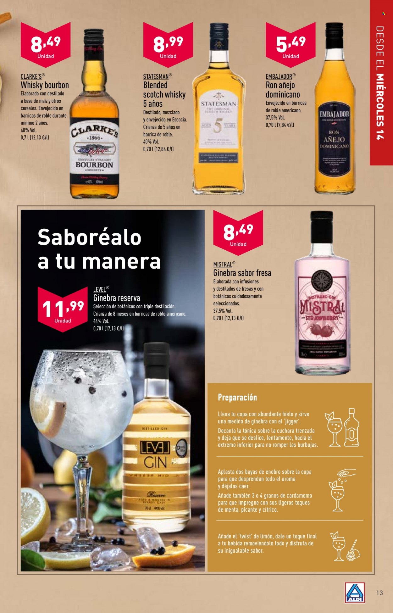 thumbnail - Folleto actual Aldi - 14/12/22 - 20/12/22 - Ventas - bebida alcohólica, bourbon, whisky, Scotch Whisky, ron, ron añejo, gin. Página 13.