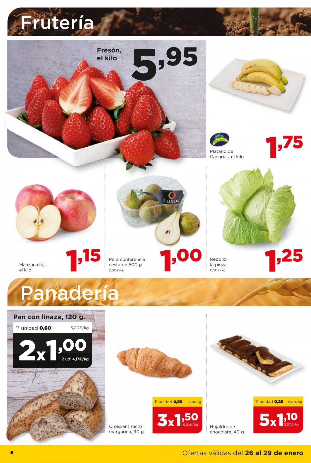 thumbnail - Folleto actual Alimerka - 26/01/23 - 08/02/23 - Ventas - fresa, plátano, manzanas, pera, repollo blanco, pan, croissant, pastelería, hojaldre. Página 6.